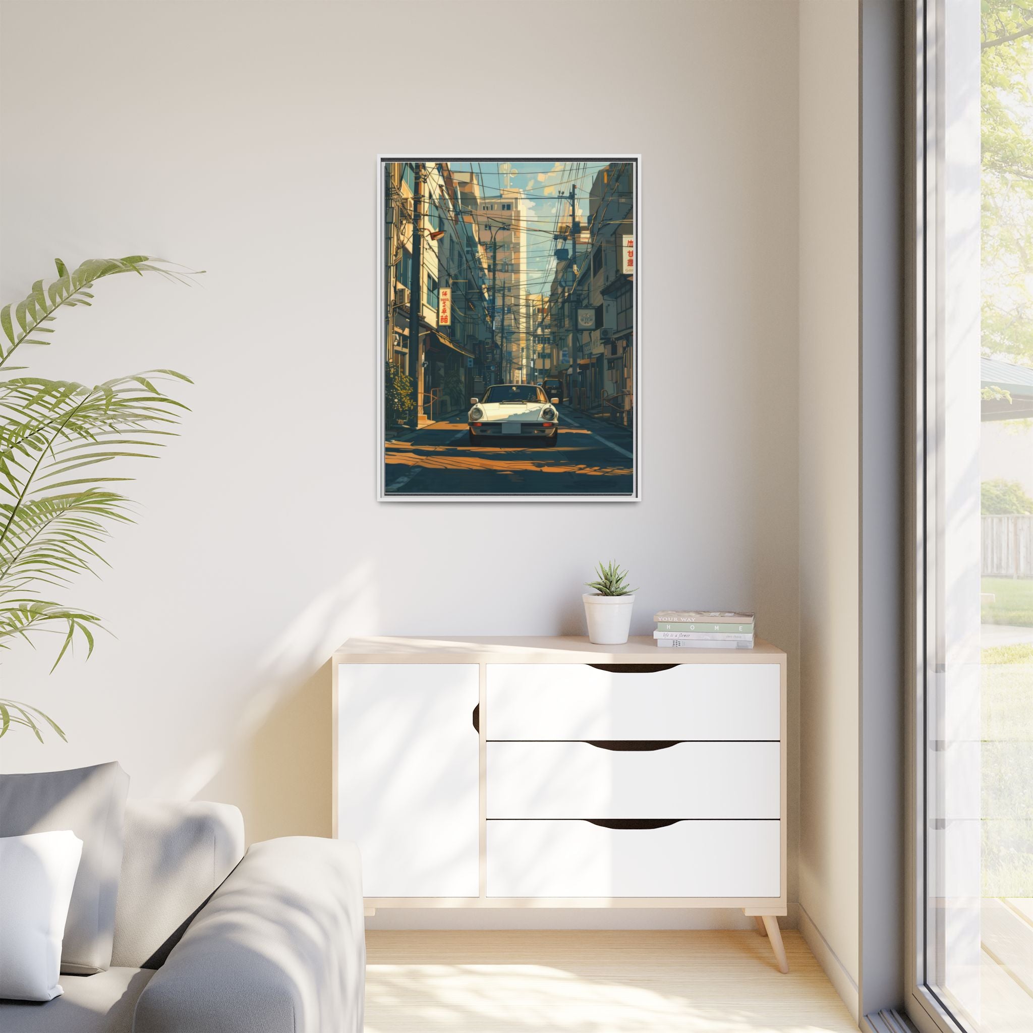 Vintage Sports Car Cityscape Framed Canvas Print