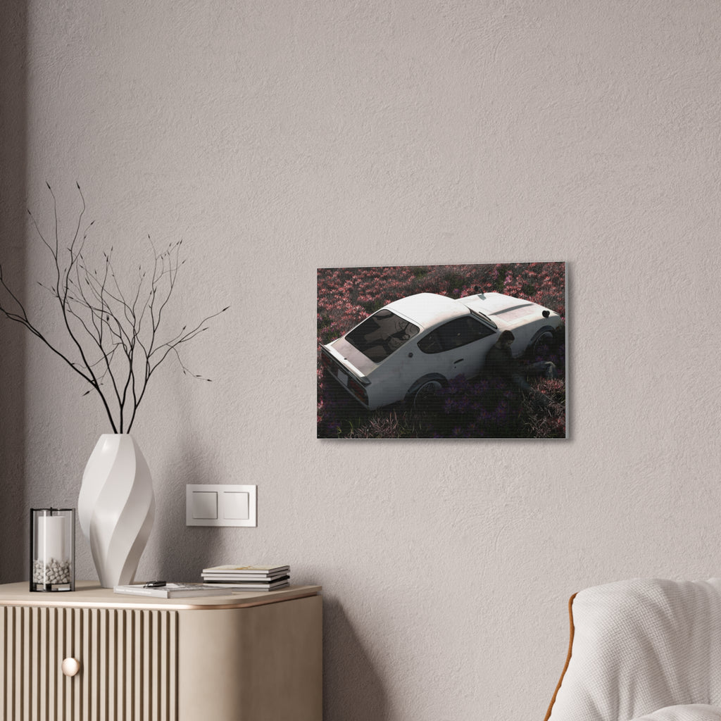 Vintage White Datsun in Wildflower Field Canvas