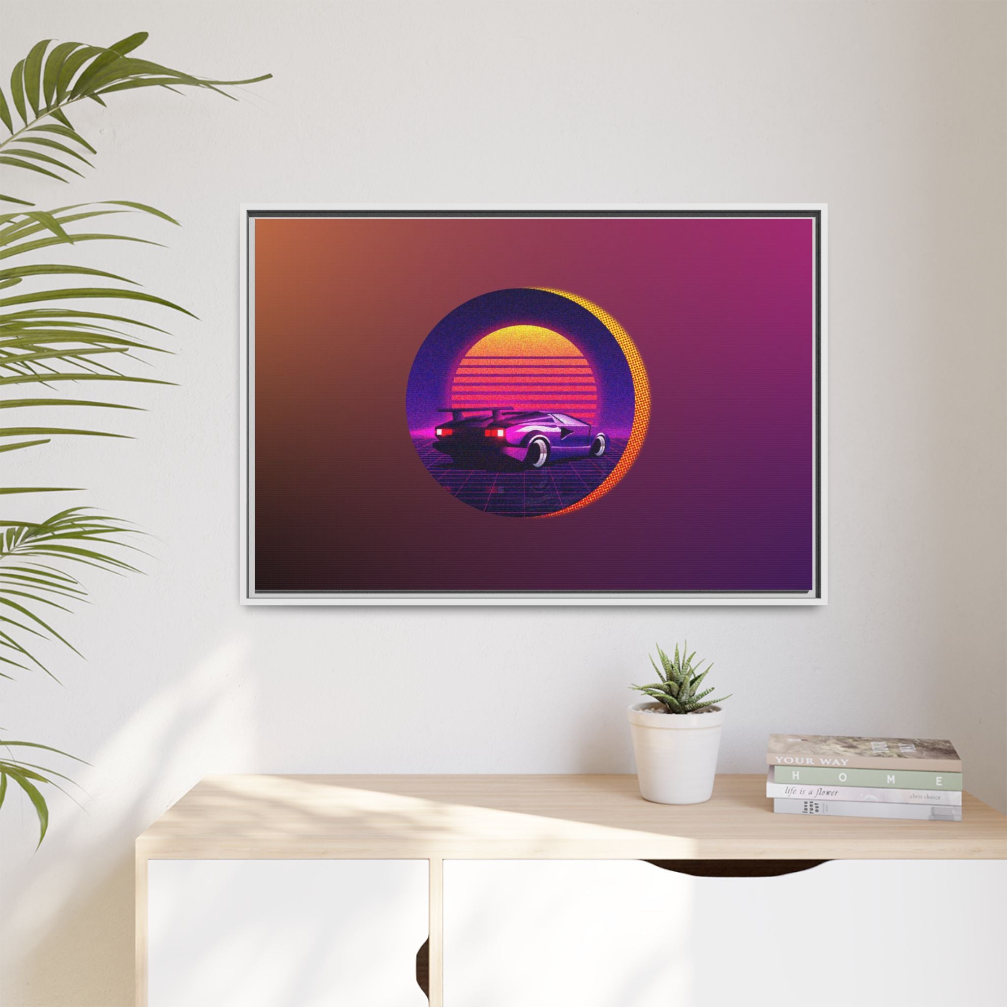 Retro Sunset Sports Car Matte Canvas Framed Wall Art