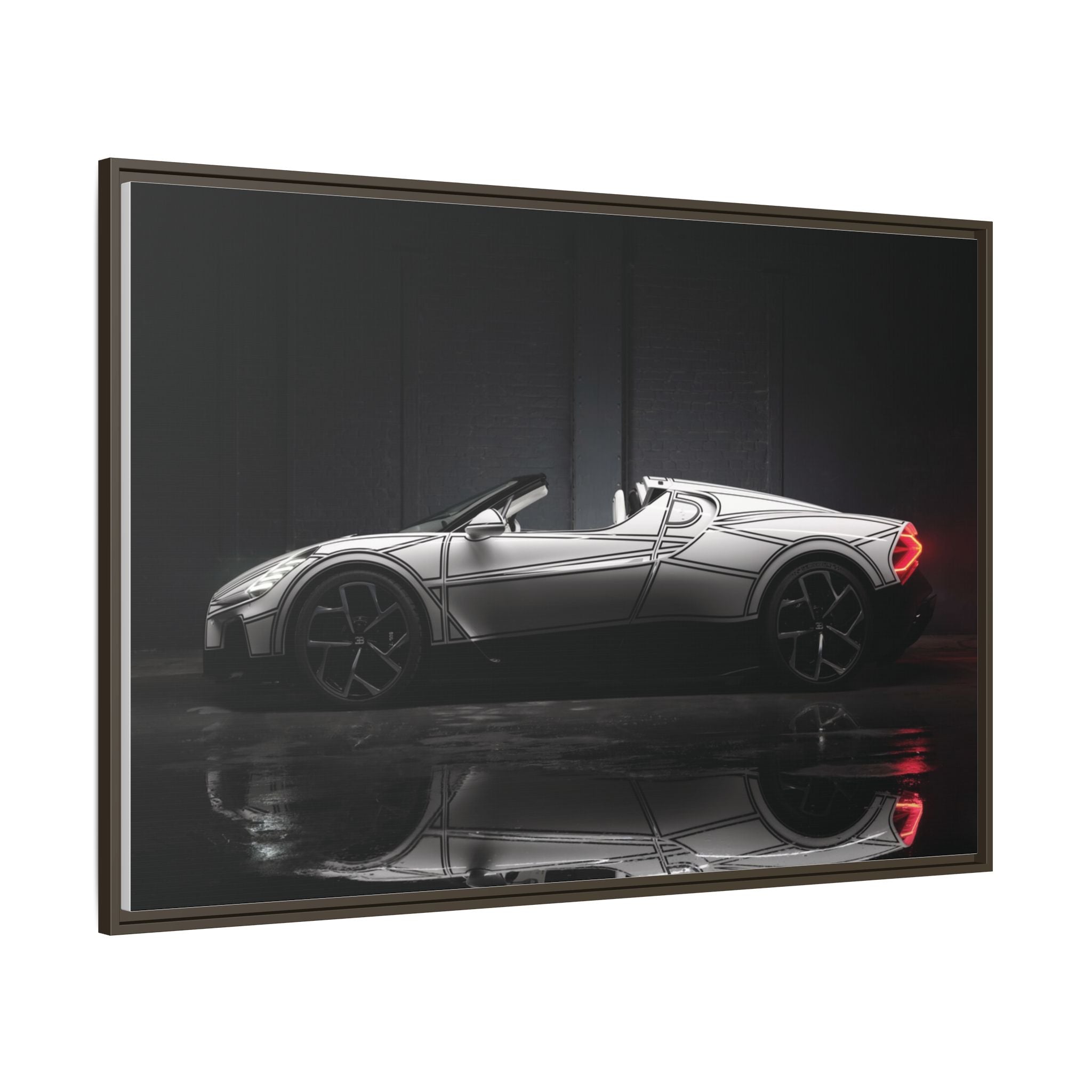 Framed Matte Canvas: Sleek Sports Car Reflection Wall Art