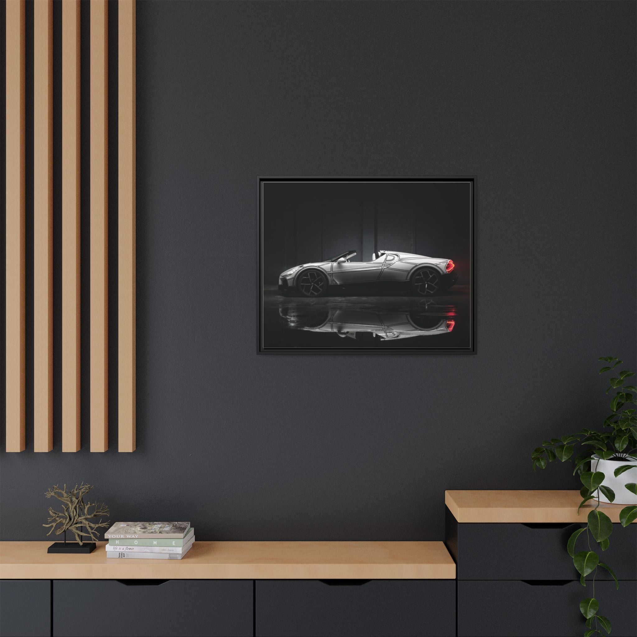 Framed Matte Canvas: Sleek Sports Car Reflection Wall Art