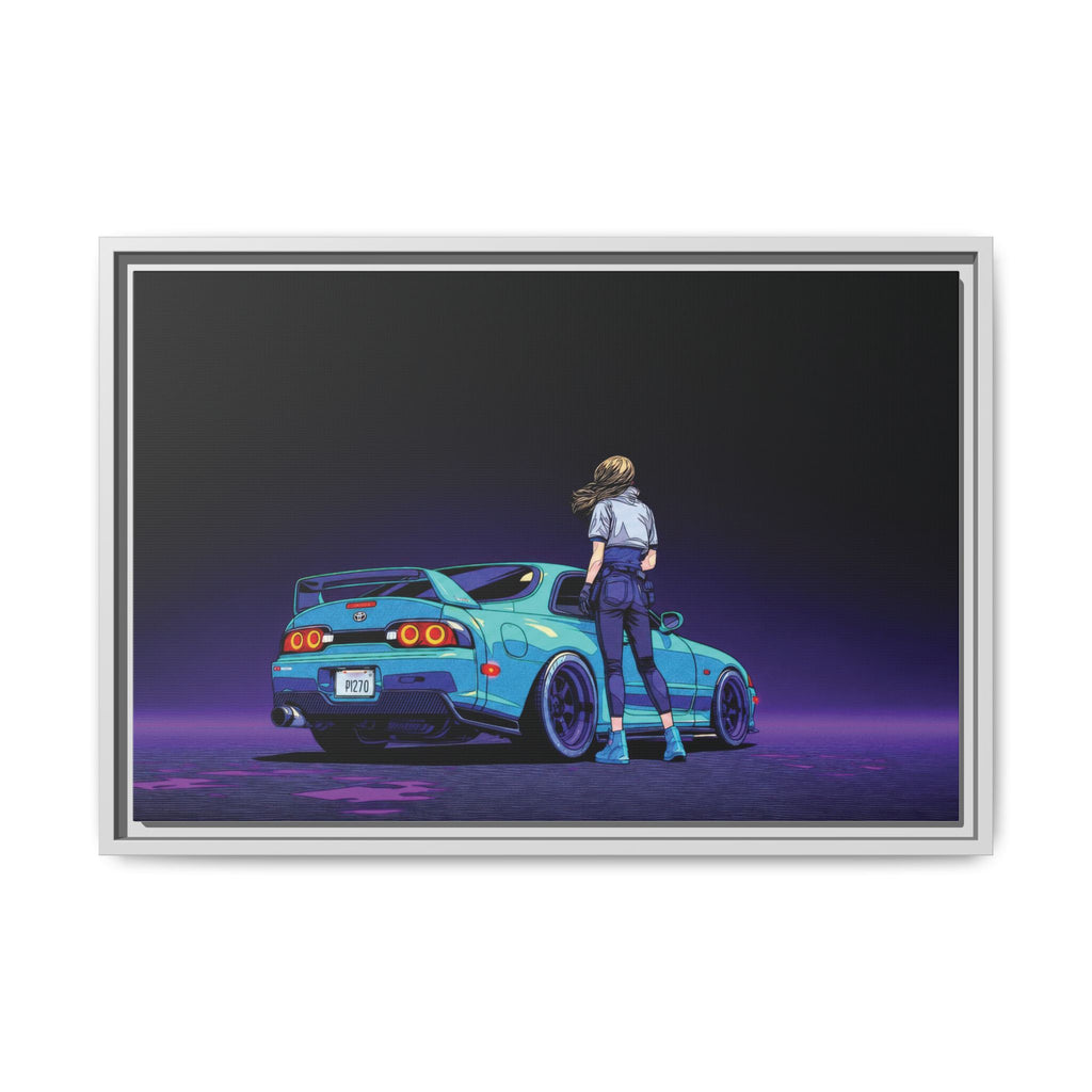 Retro Neon Race Car Poster Matte Canvas Framed | Anime Driver Wall Art