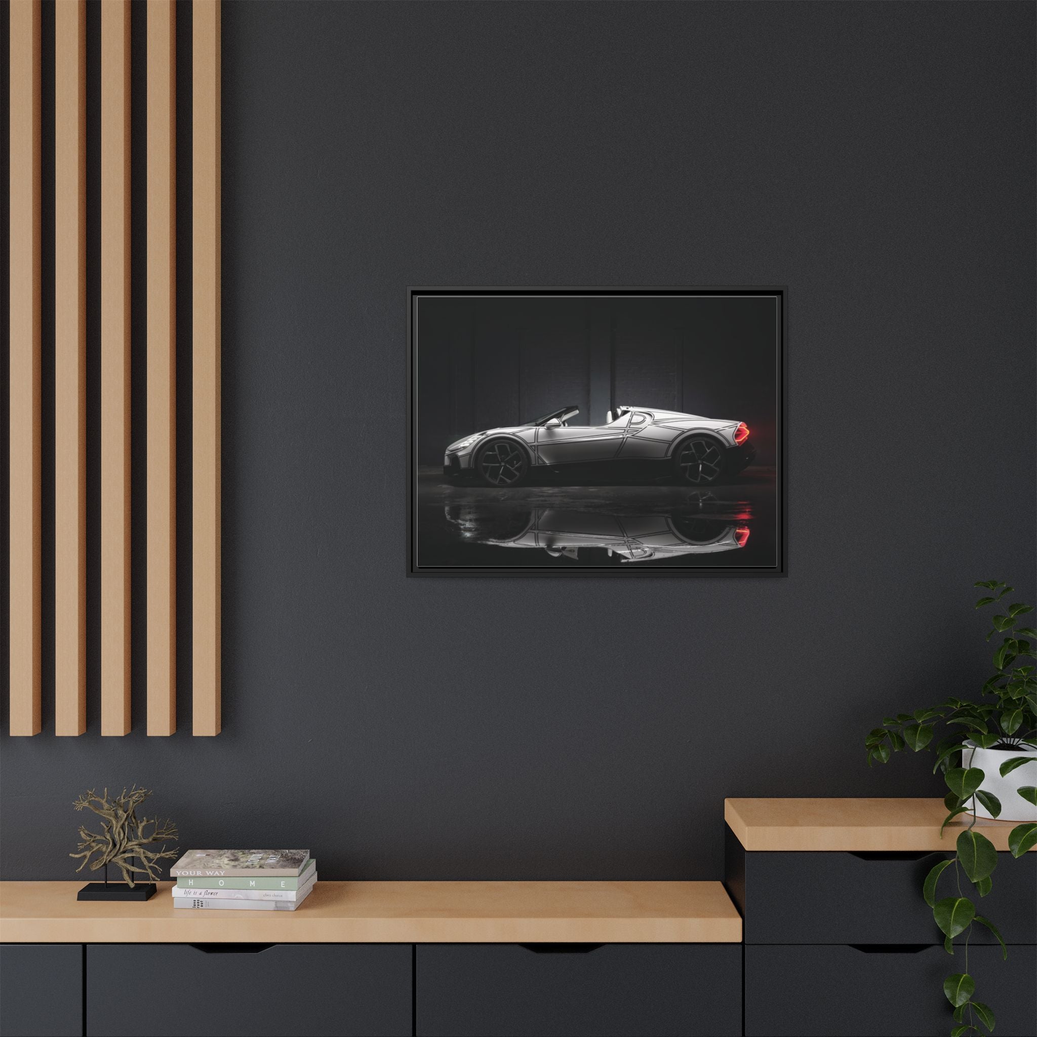 Framed Matte Canvas: Sleek Sports Car Reflection Wall Art