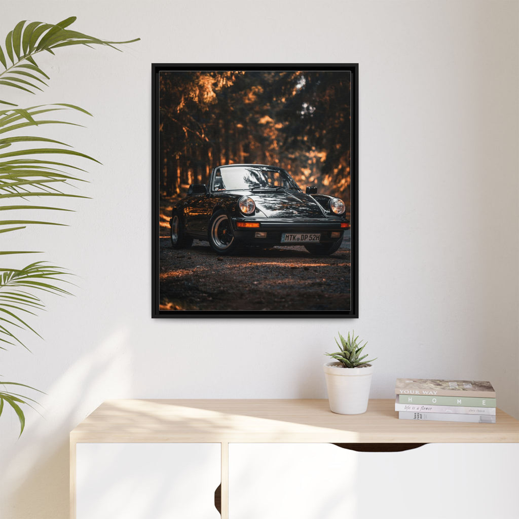 Framed Matte Canvas Print — Vintage Black Porsche in Autumn Forest