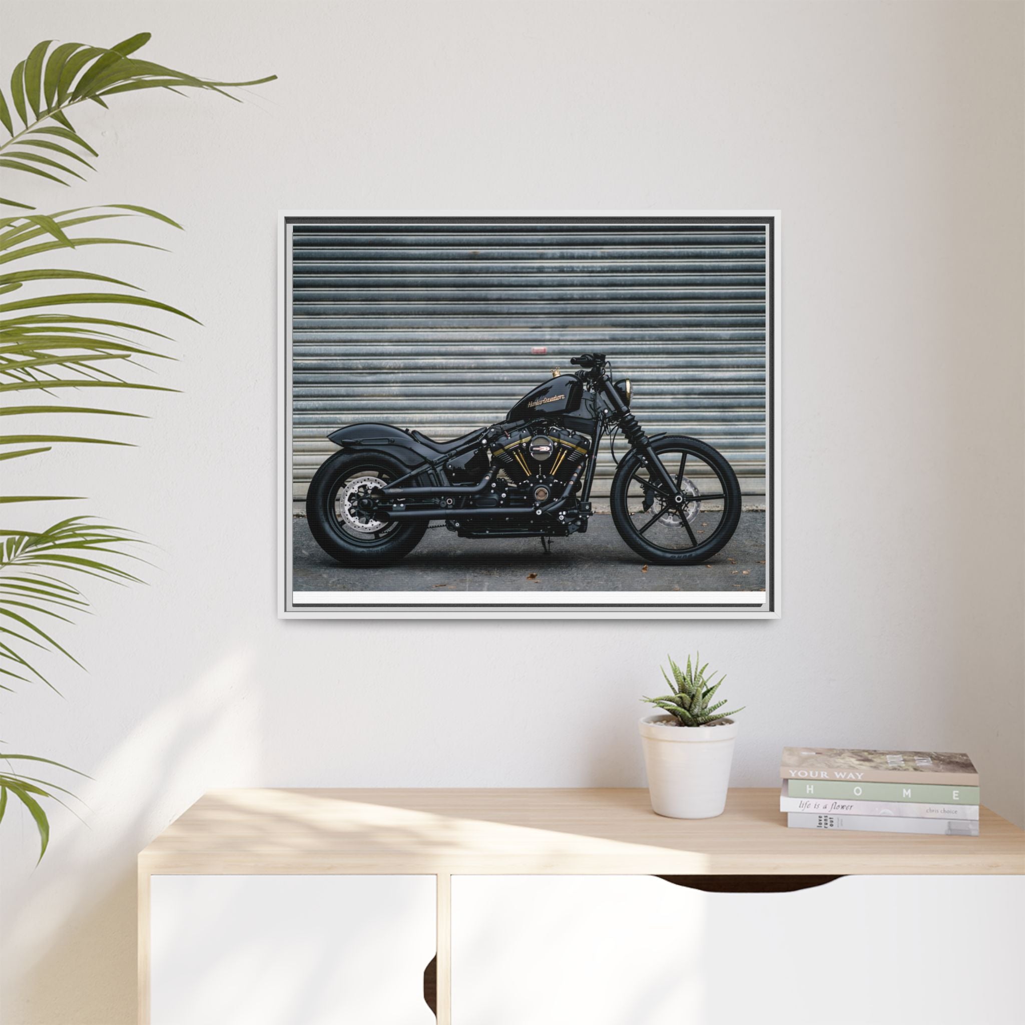 Framed Matte Canvas Motorcycle Print — Black Bobber Wall Art