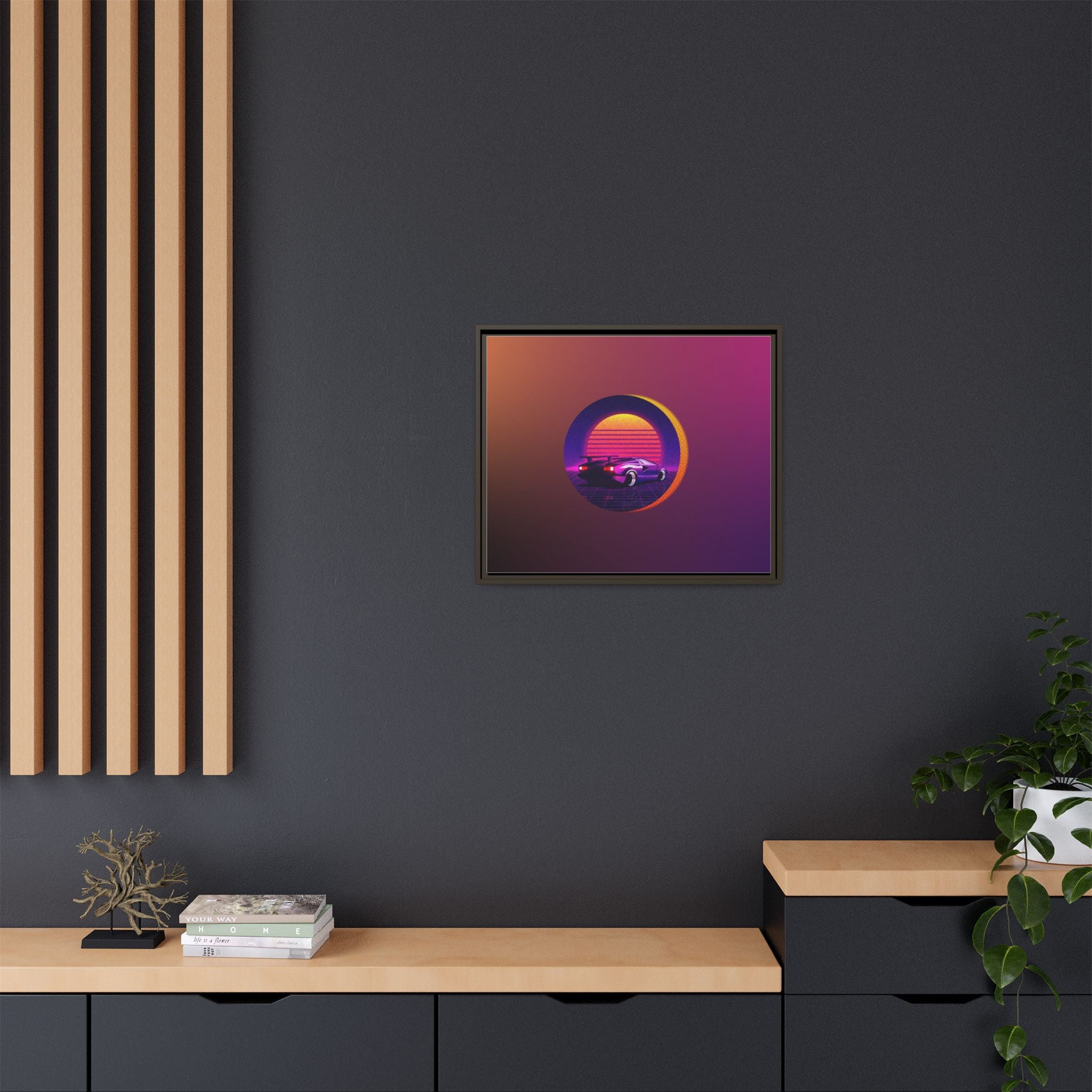 Retro Sunset Sports Car Matte Canvas Framed Wall Art