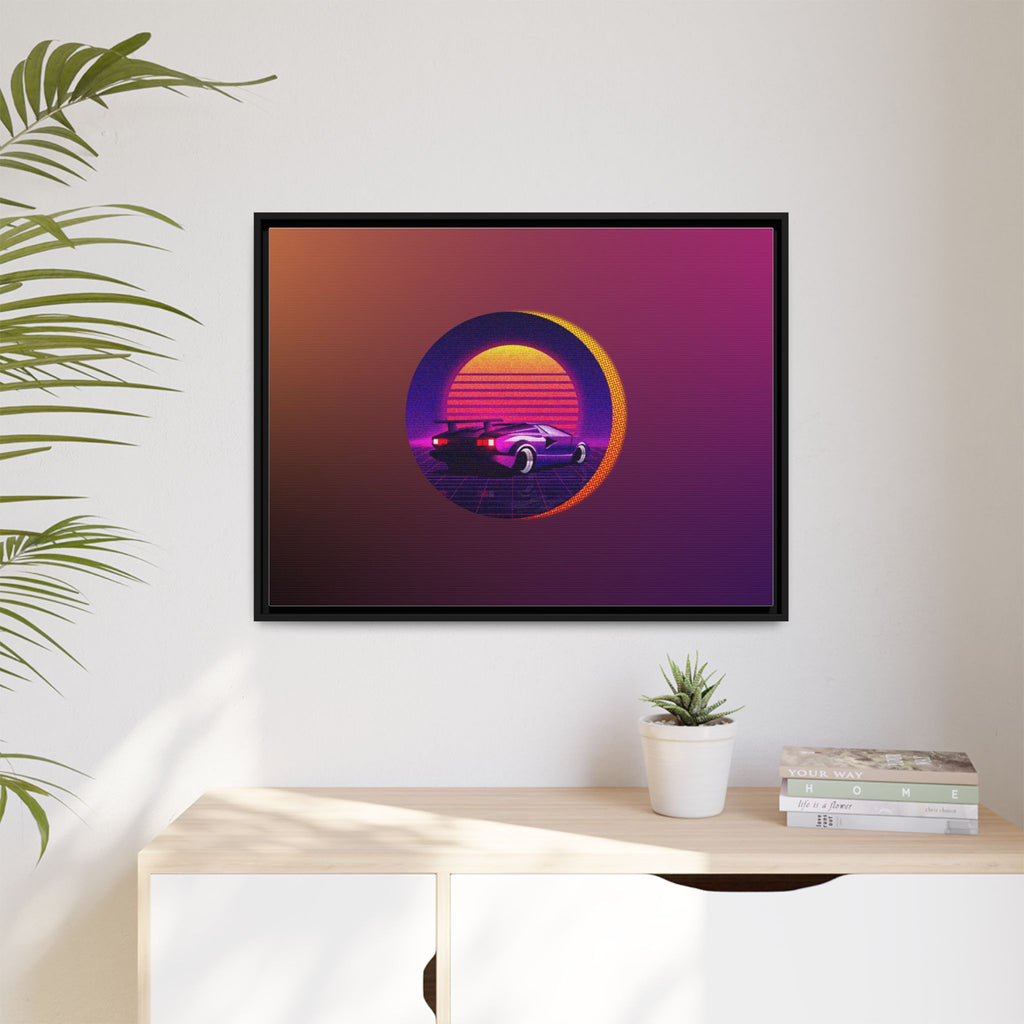 Retro Sunset Sports Car Matte Canvas Framed Wall Art