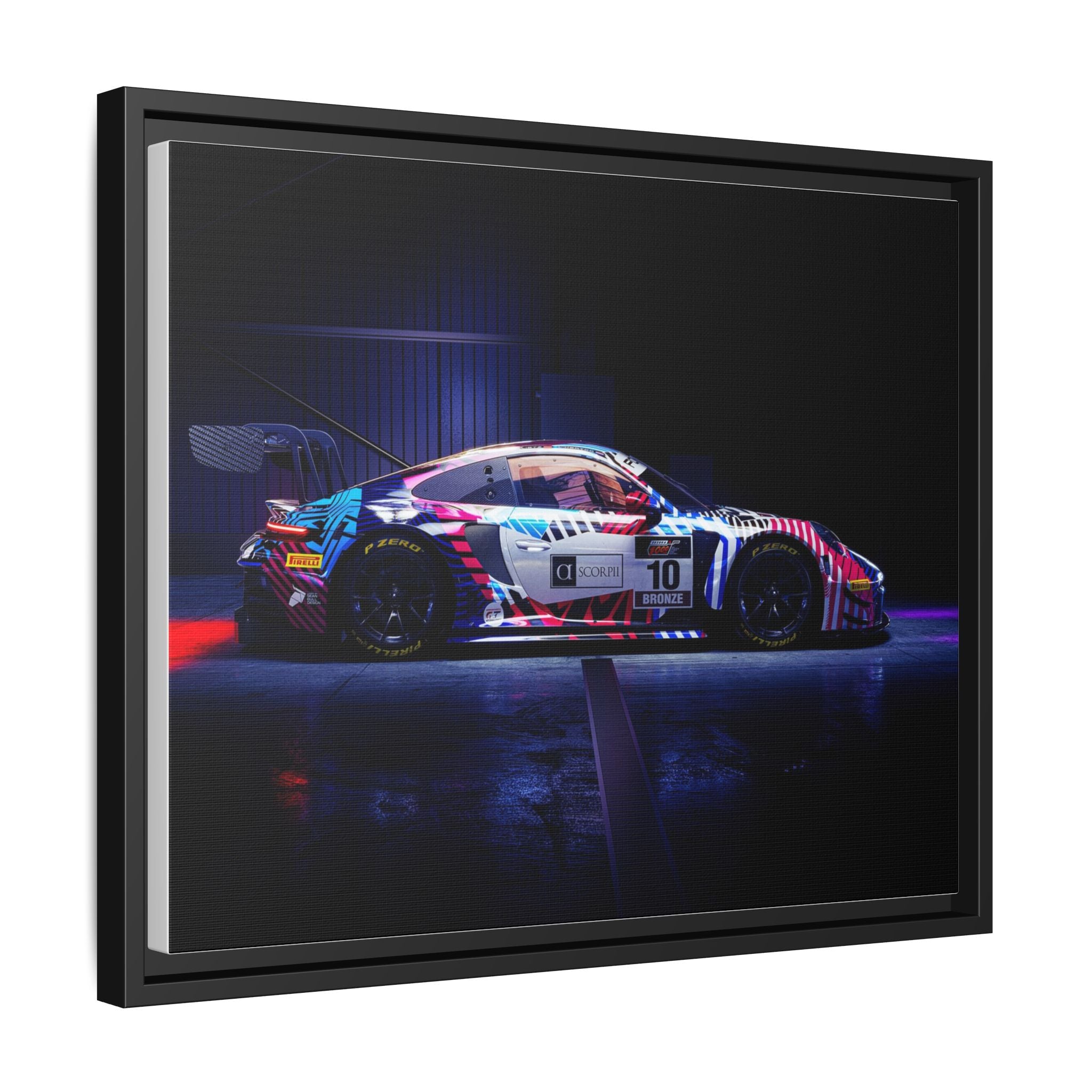 Framed Matte Canvas Print — Neon Racecar Wall Art