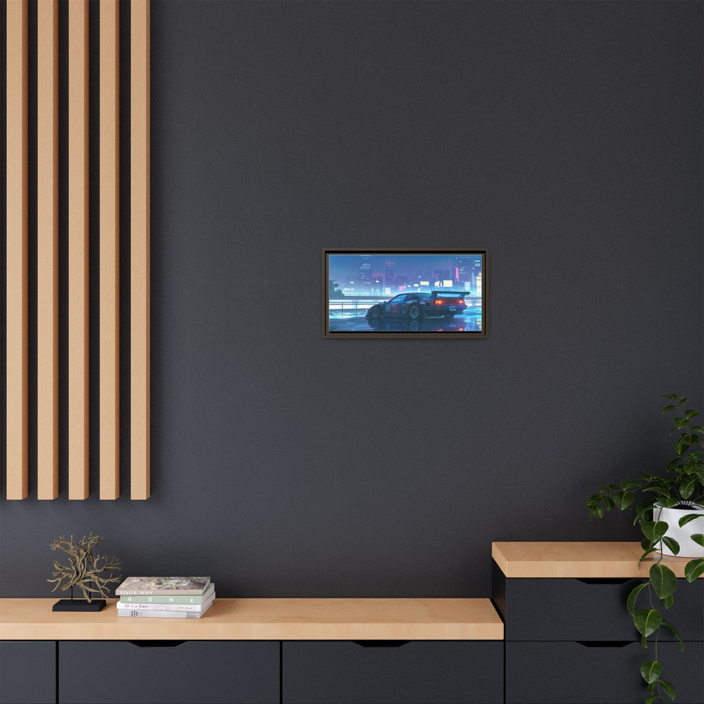 Retro Neon City Car Matte Canvas Print — Framed Wall Art