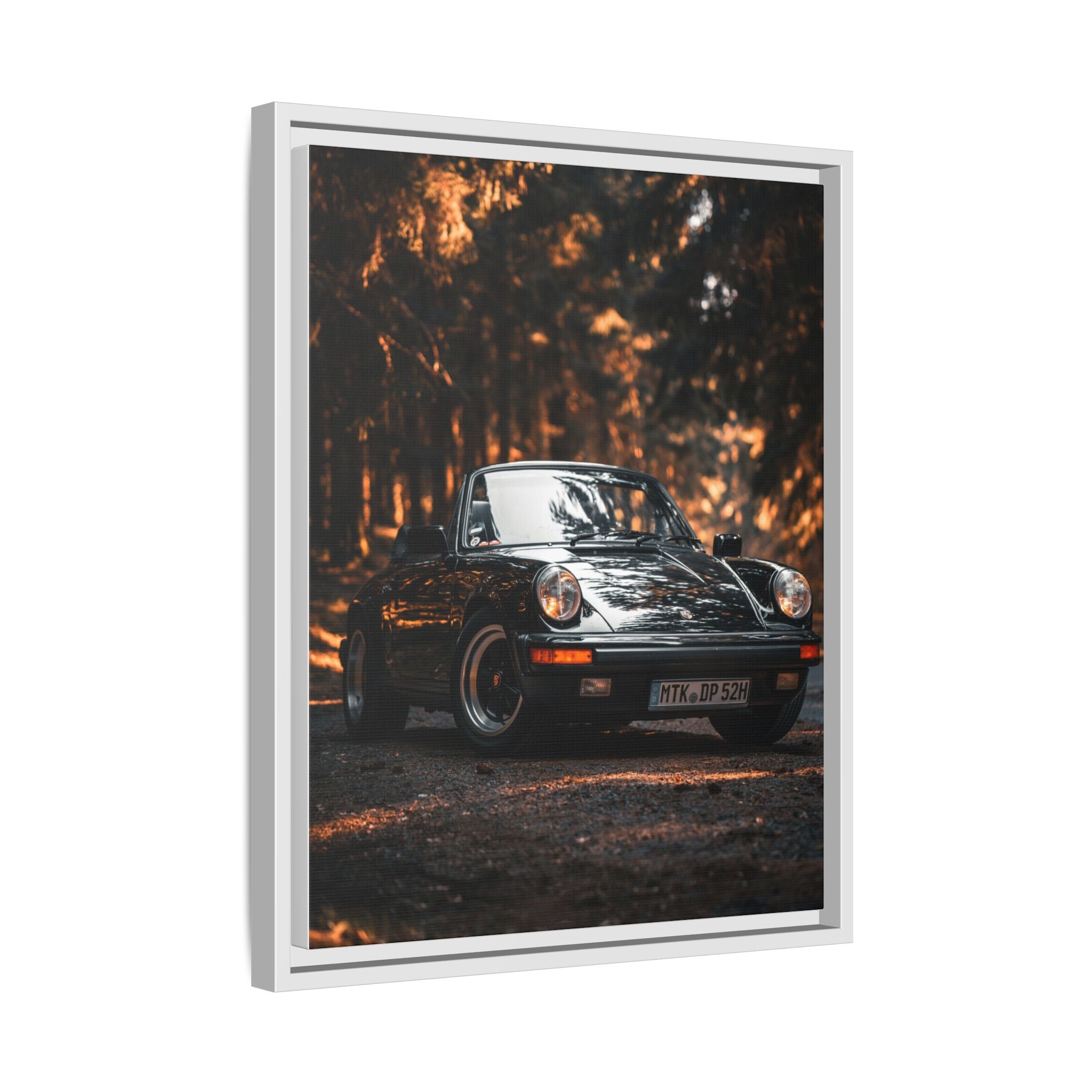 Framed Matte Canvas Print — Vintage Black Porsche in Autumn Forest
