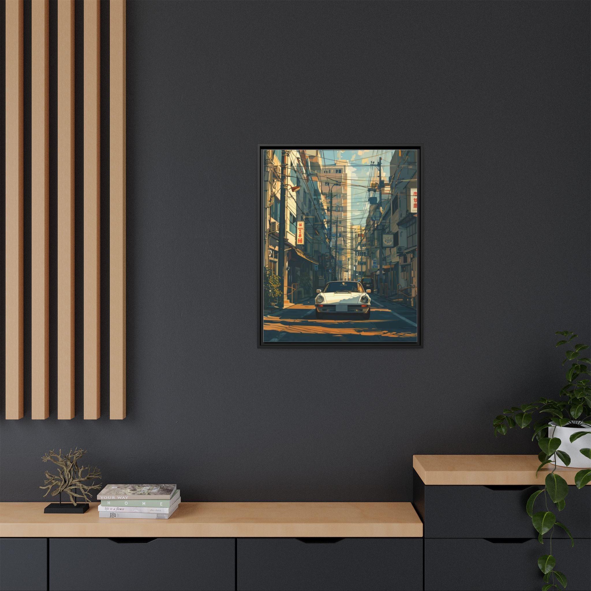 Vintage Sports Car Cityscape Framed Canvas Print