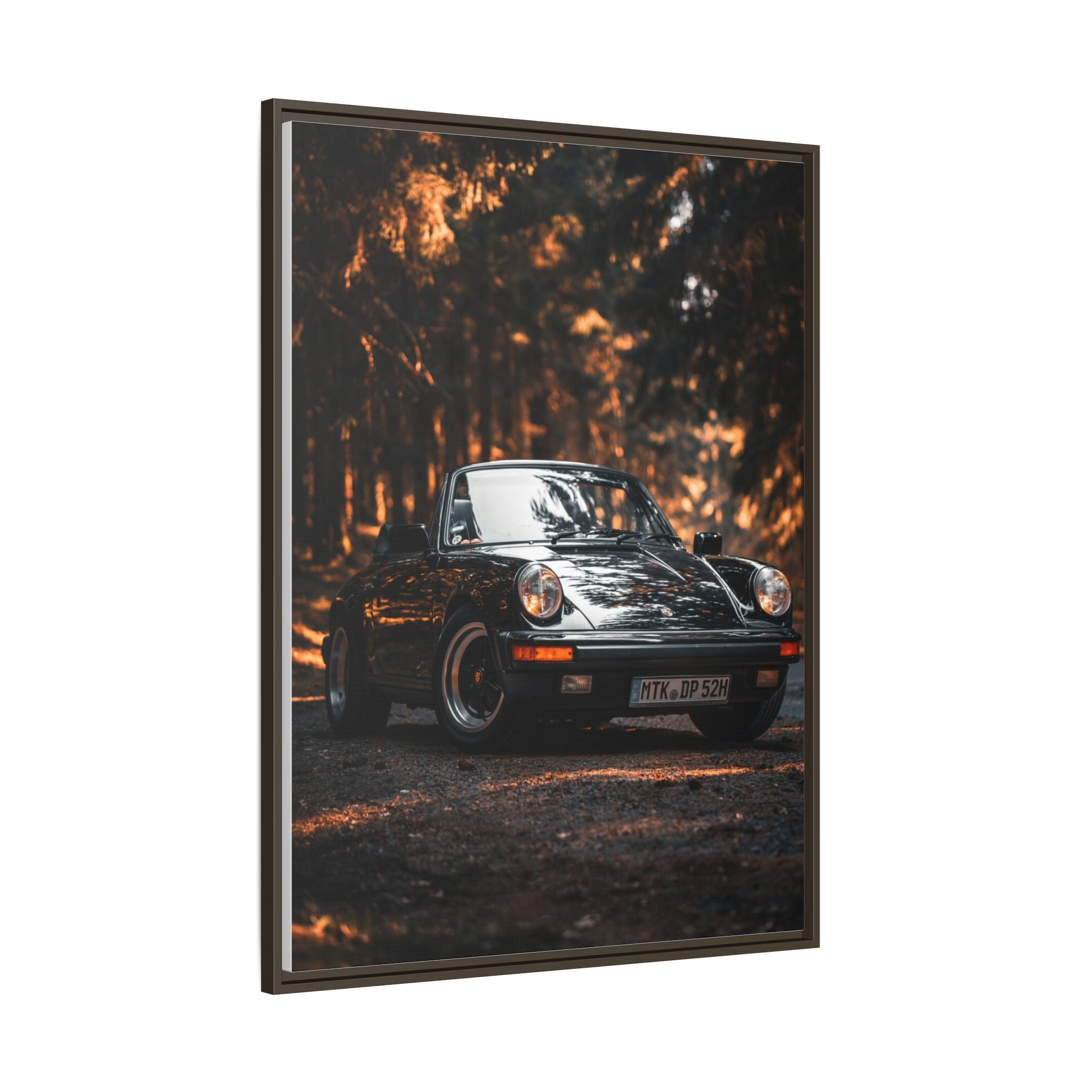 Framed Matte Canvas Print — Vintage Black Porsche in Autumn Forest