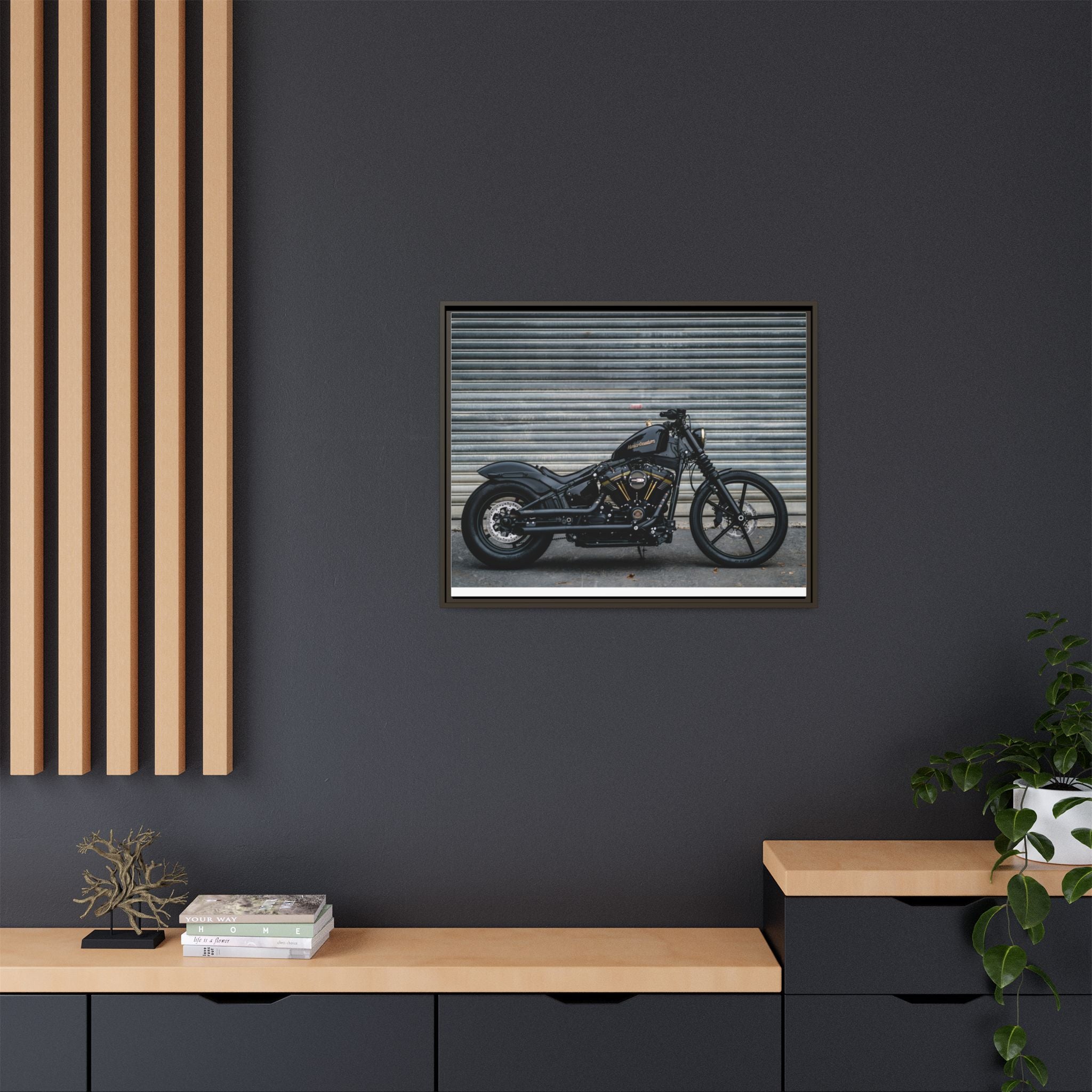 Framed Matte Canvas Motorcycle Print — Black Bobber Wall Art