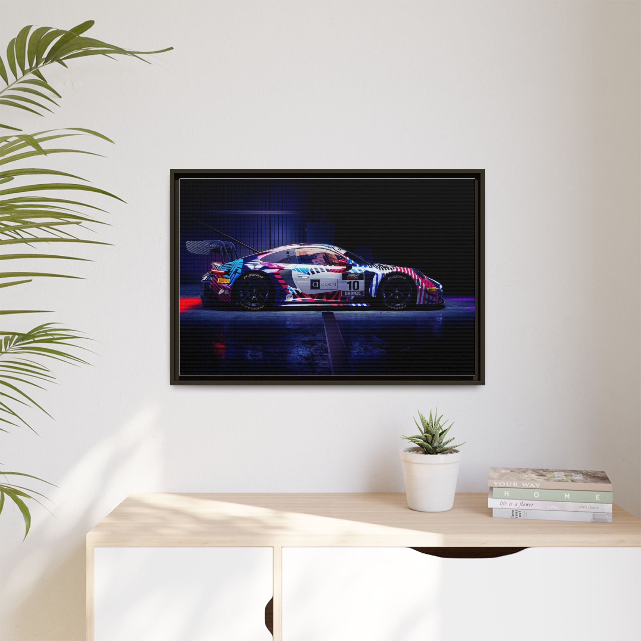 Framed Matte Canvas Print — Neon Racecar Wall Art