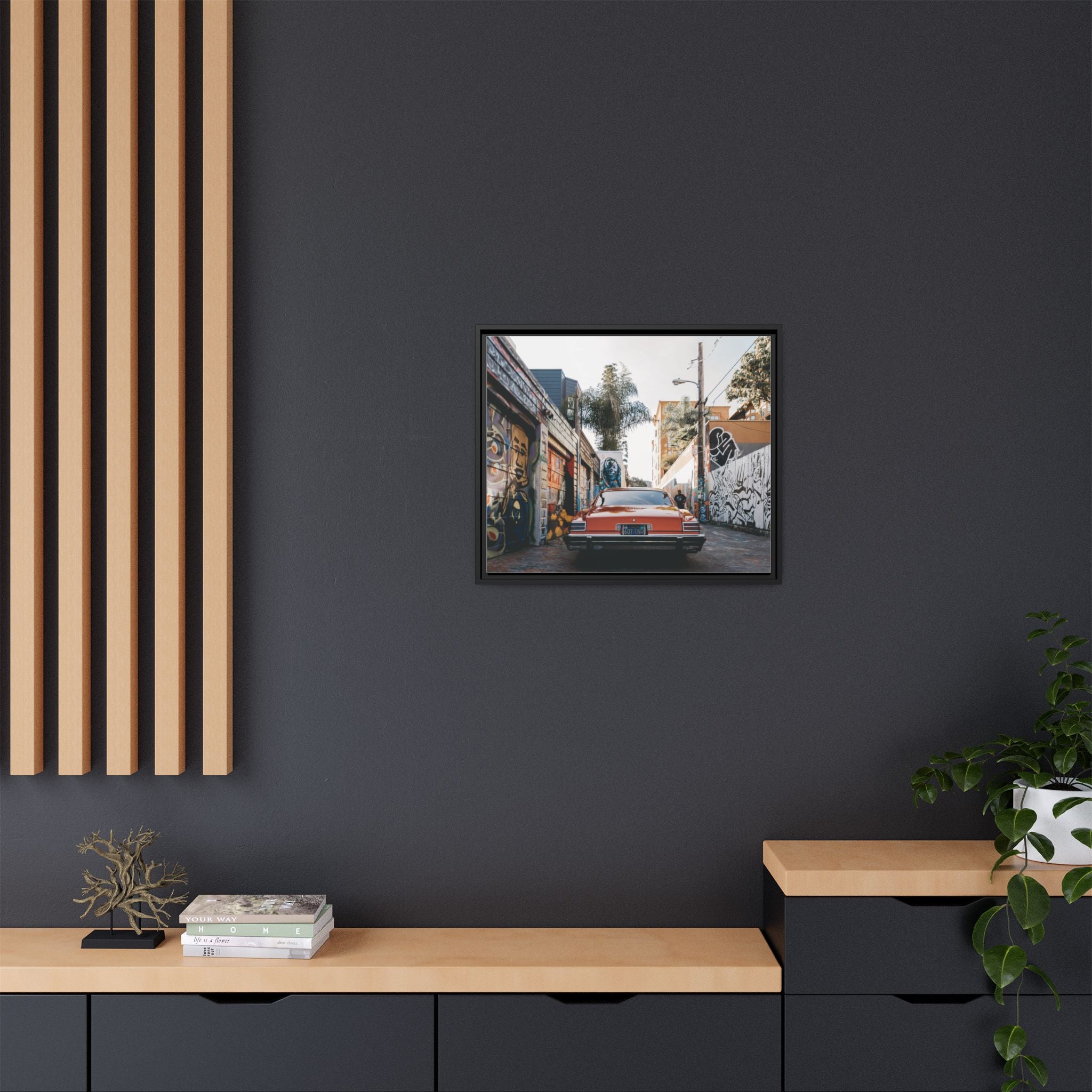 Vintage Chevrolet in Graffiti Alley — Framed Matte Canvas Wall Art