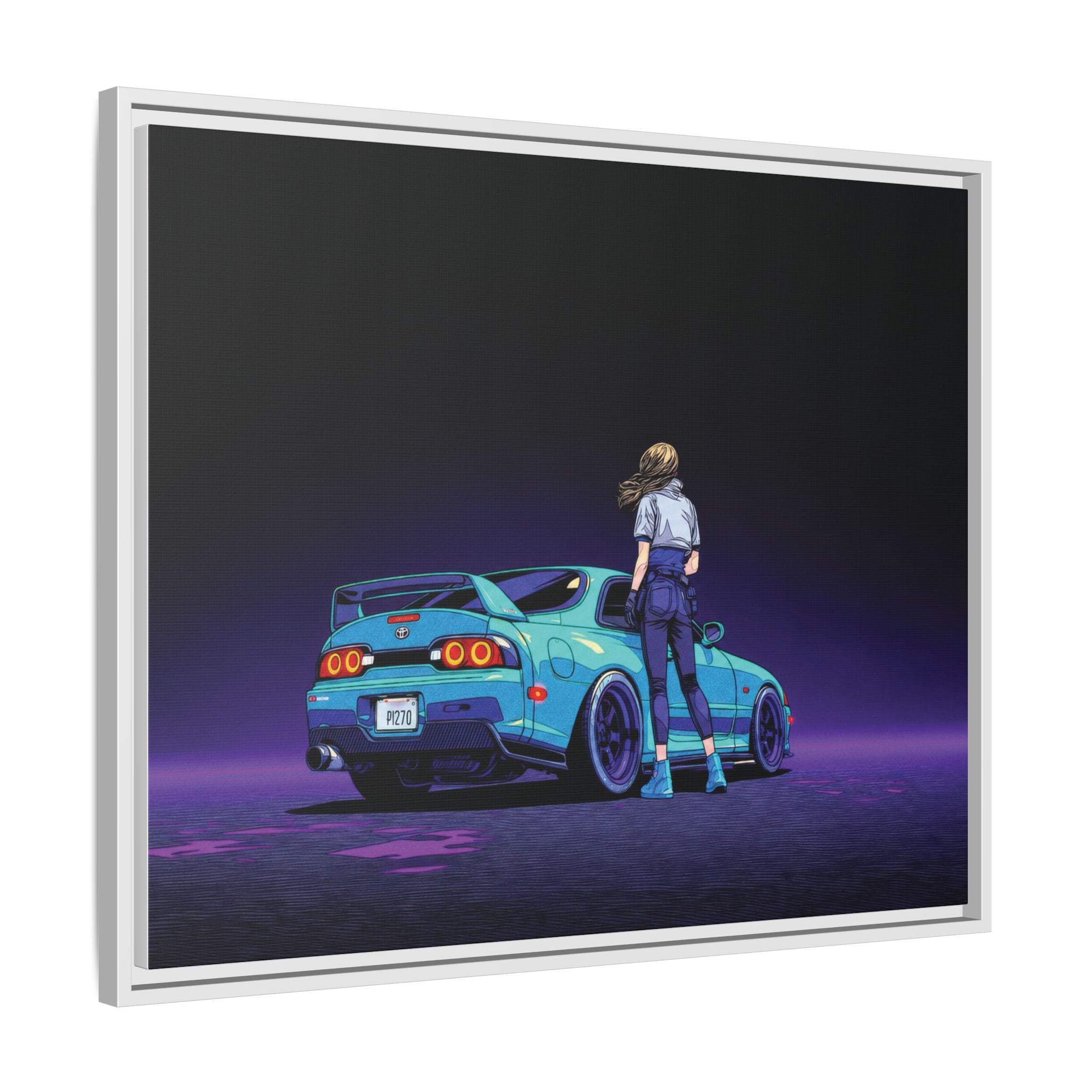 Retro Neon Race Car Poster Matte Canvas Framed | Anime Driver Wall Art