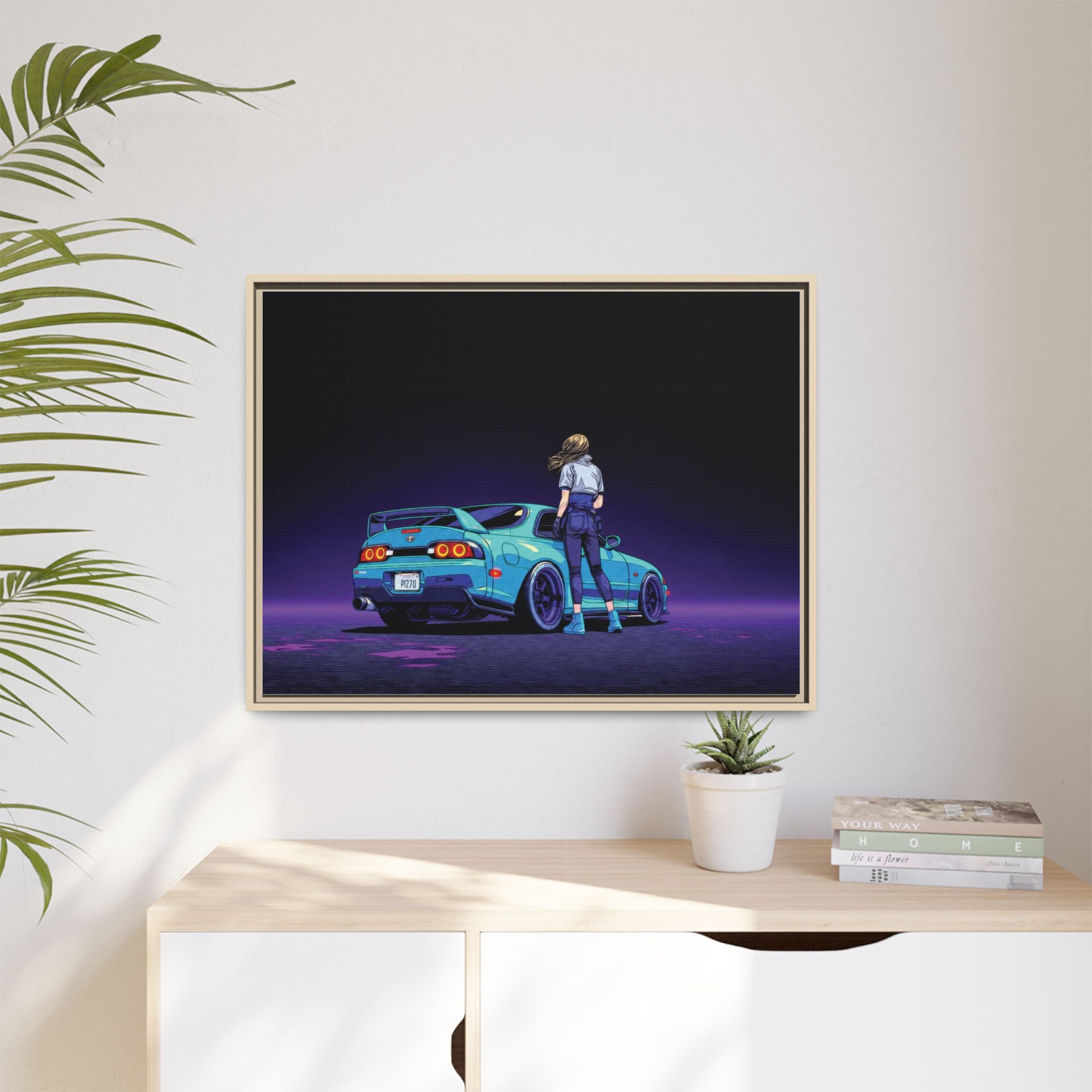 Retro Neon Race Car Poster Matte Canvas Framed | Anime Driver Wall Art