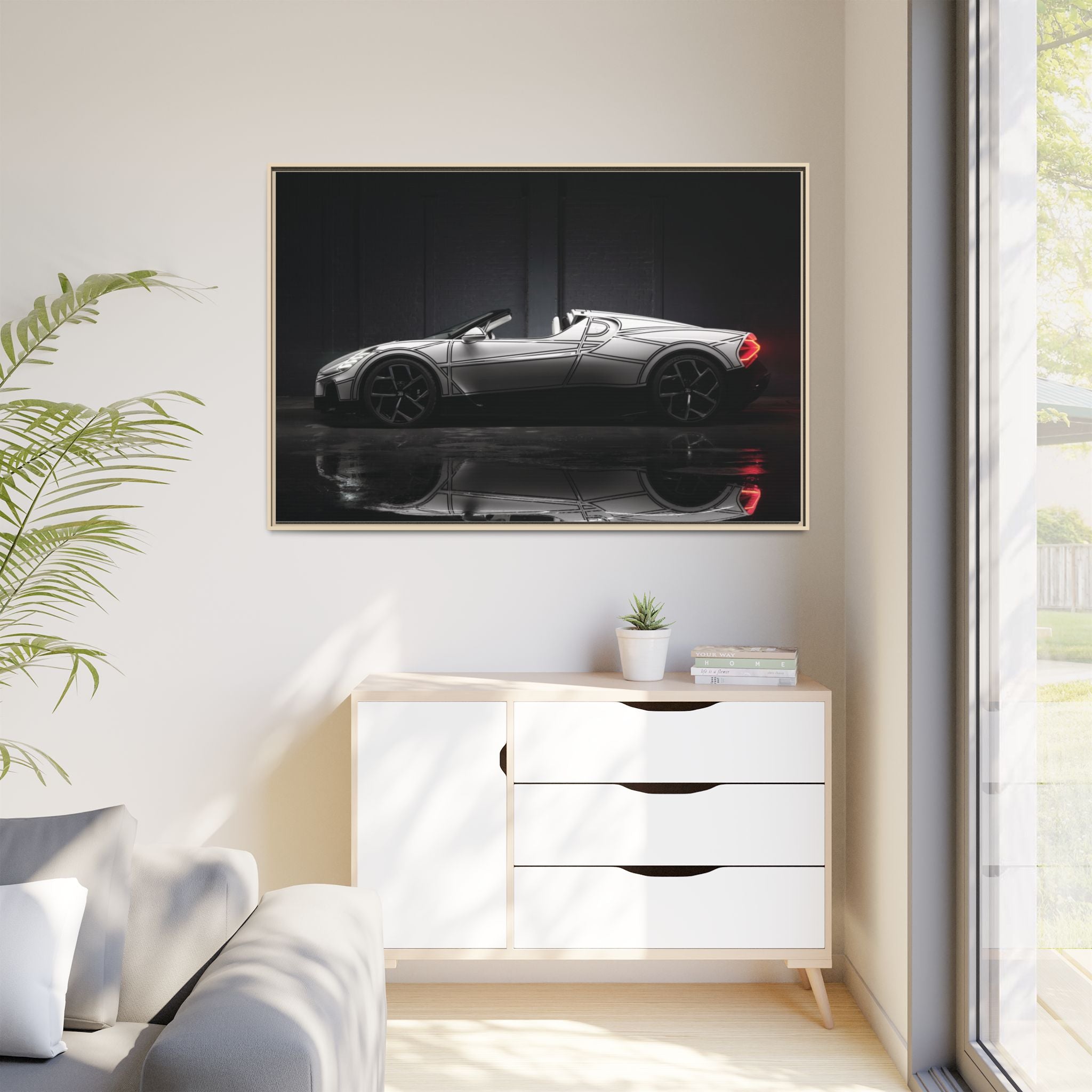 Framed Matte Canvas: Sleek Sports Car Reflection Wall Art