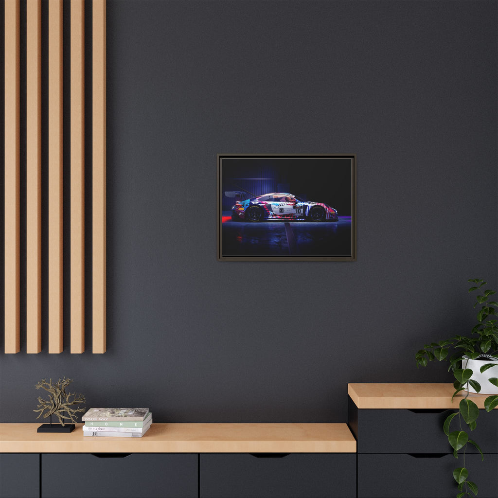Framed Matte Canvas Print — Neon Racecar Wall Art