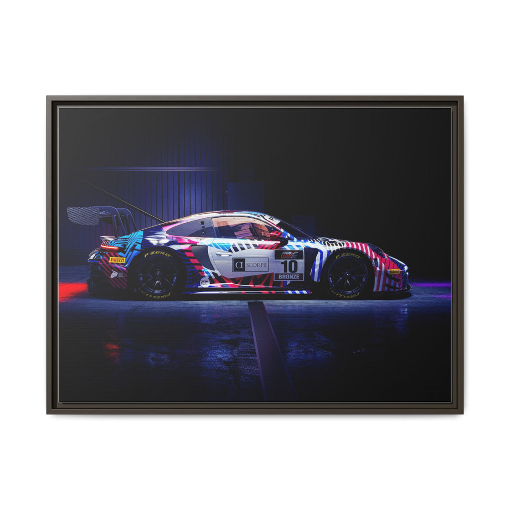 Framed Matte Canvas Print — Neon Racecar Wall Art