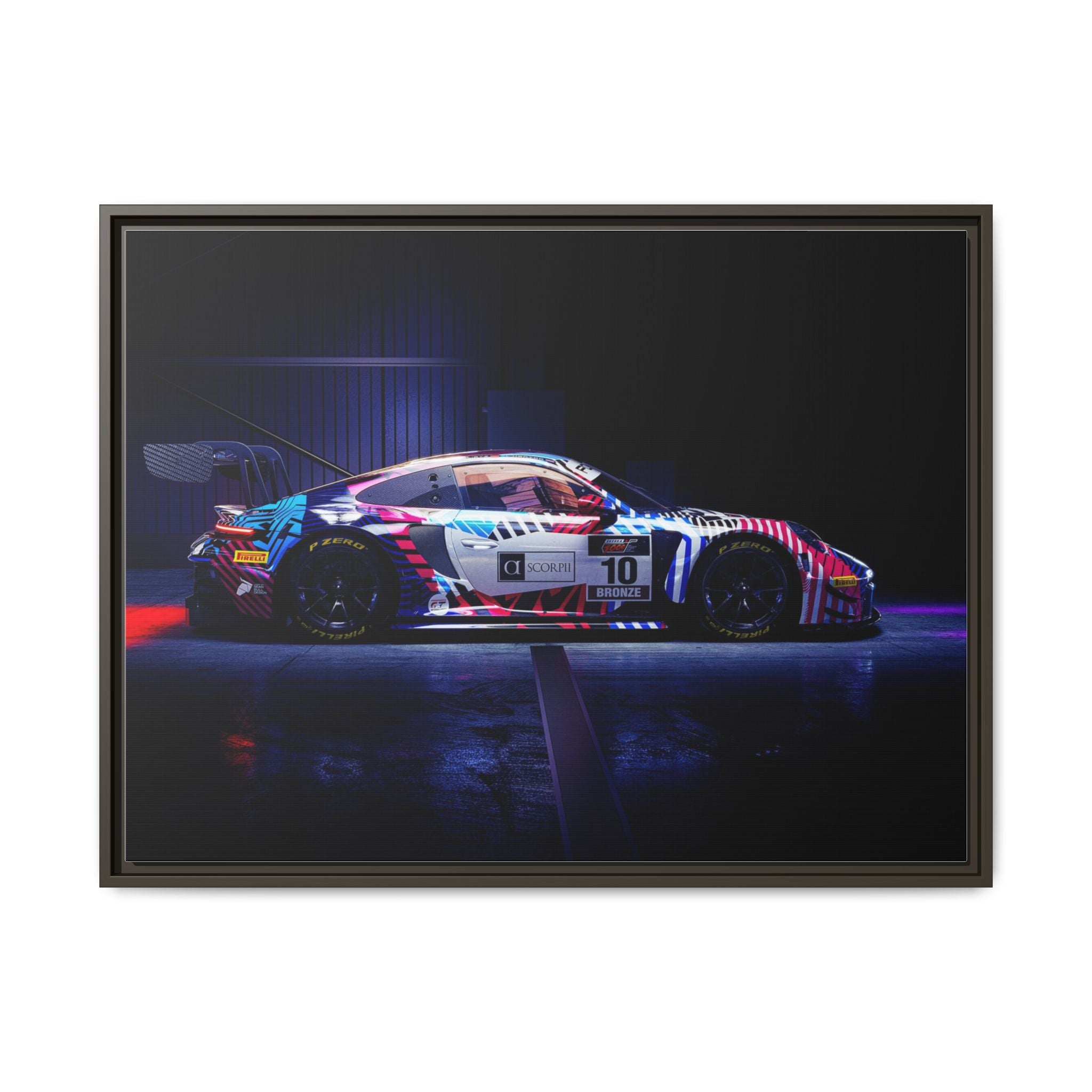 Framed Matte Canvas Print — Neon Racecar Wall Art
