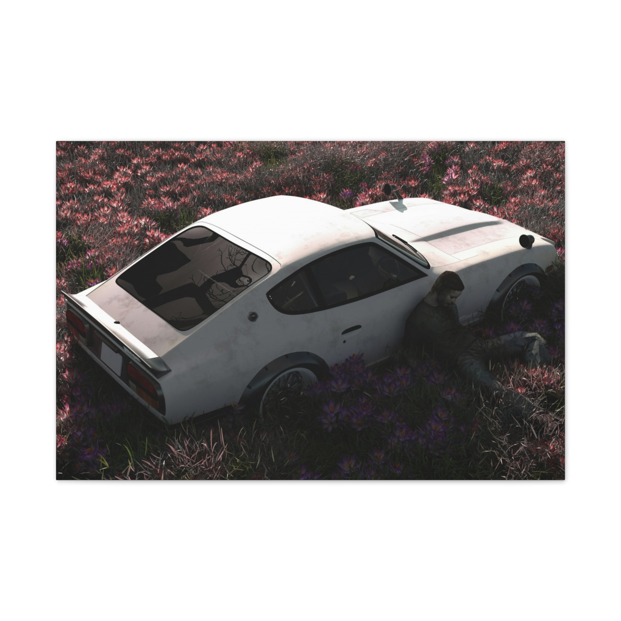 Vintage White Datsun in Wildflower Field Canvas