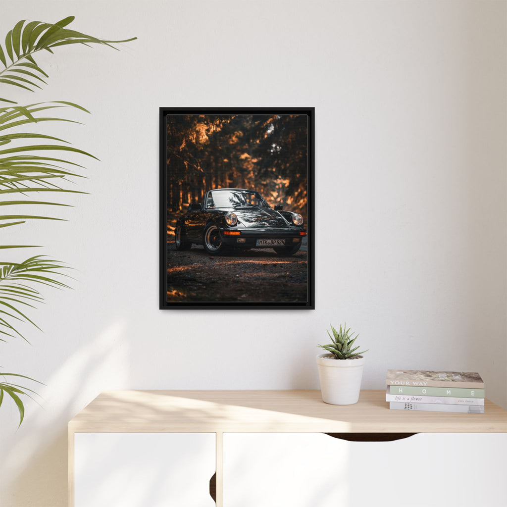 Framed Matte Canvas Print — Vintage Black Porsche in Autumn Forest