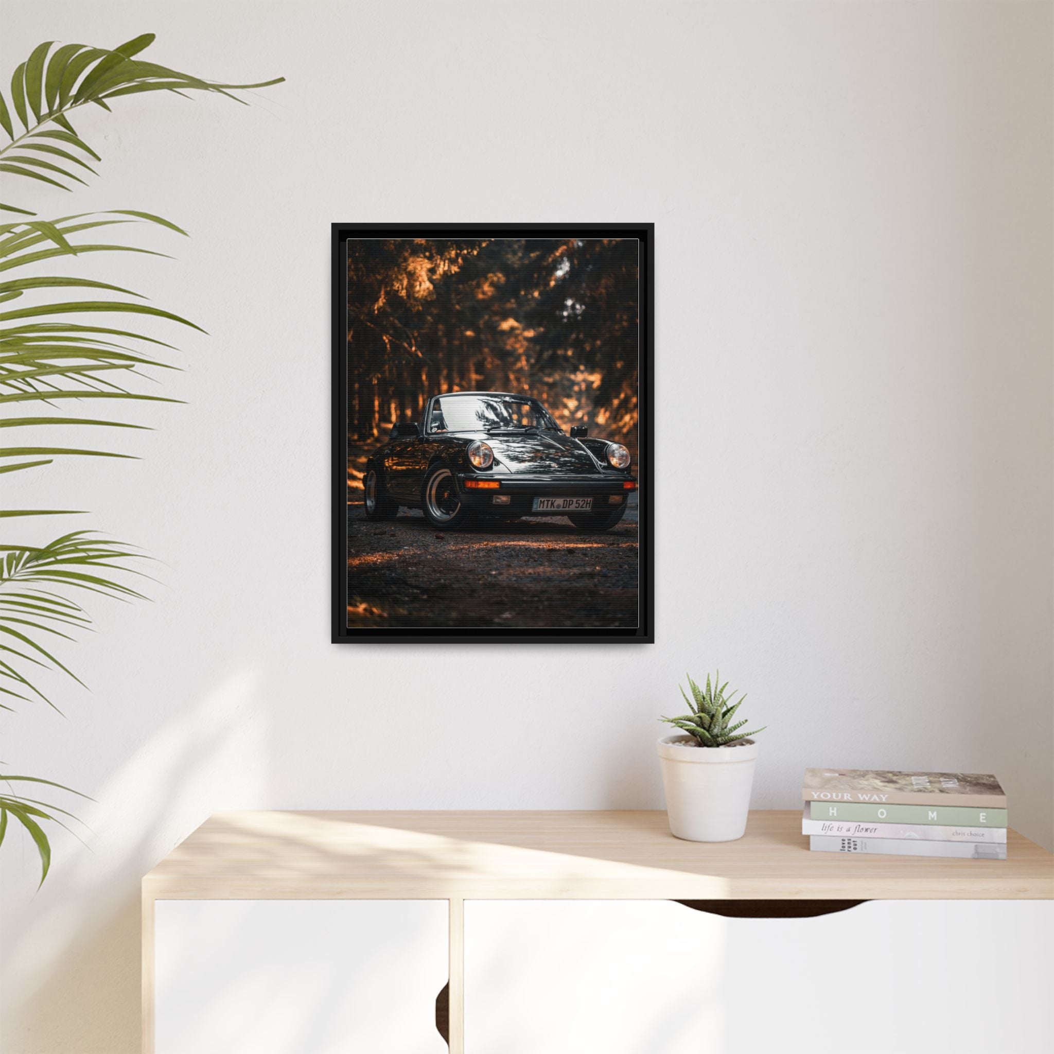 Framed Matte Canvas Print — Vintage Black Porsche in Autumn Forest
