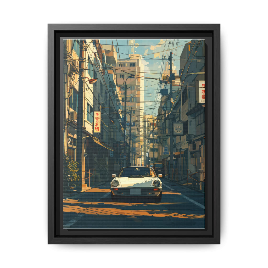 Vintage Sports Car Cityscape Framed Canvas Print
