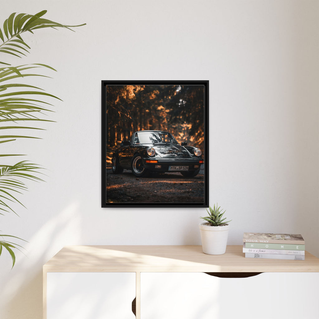 Framed Matte Canvas Print — Vintage Black Porsche in Autumn Forest