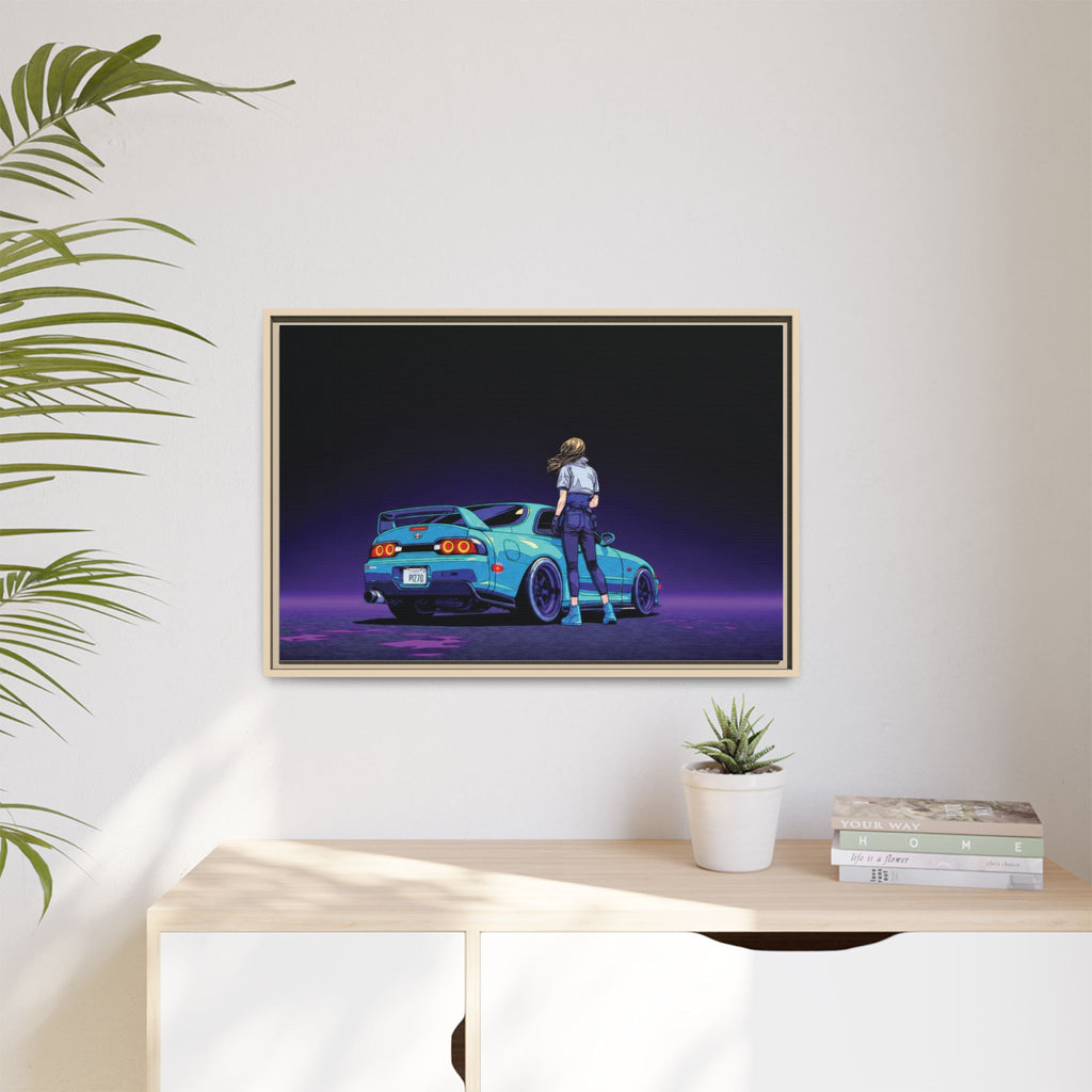 Retro Neon Race Car Poster Matte Canvas Framed | Anime Driver Wall Art