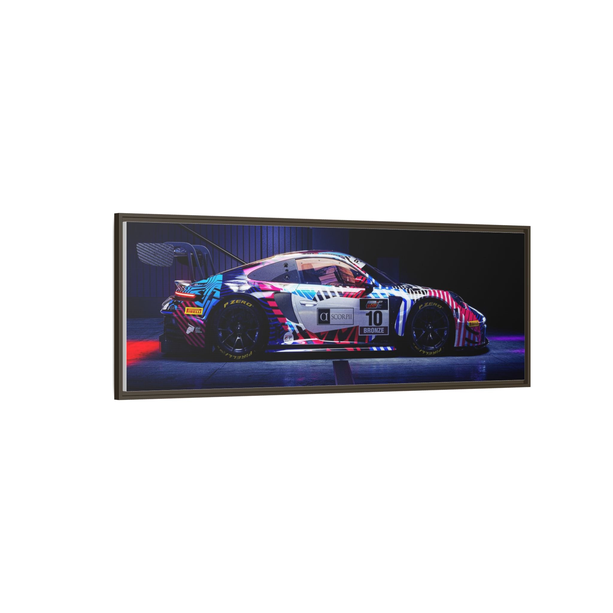 Framed Matte Canvas Print — Neon Racecar Wall Art