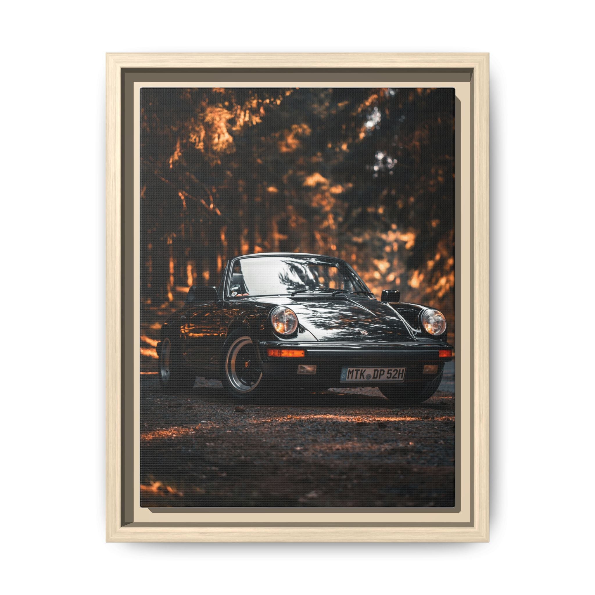 Framed Matte Canvas Print — Vintage Black Porsche in Autumn Forest