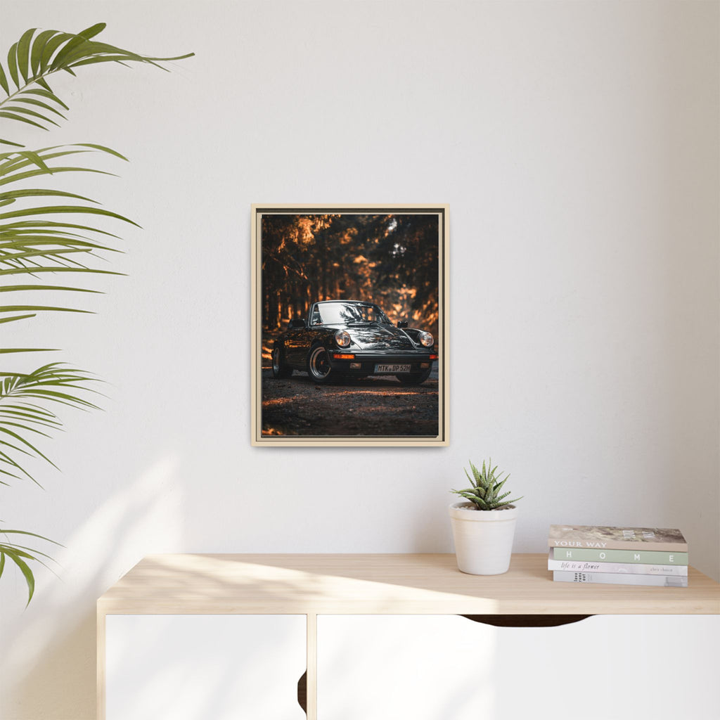 Framed Matte Canvas Print — Vintage Black Porsche in Autumn Forest