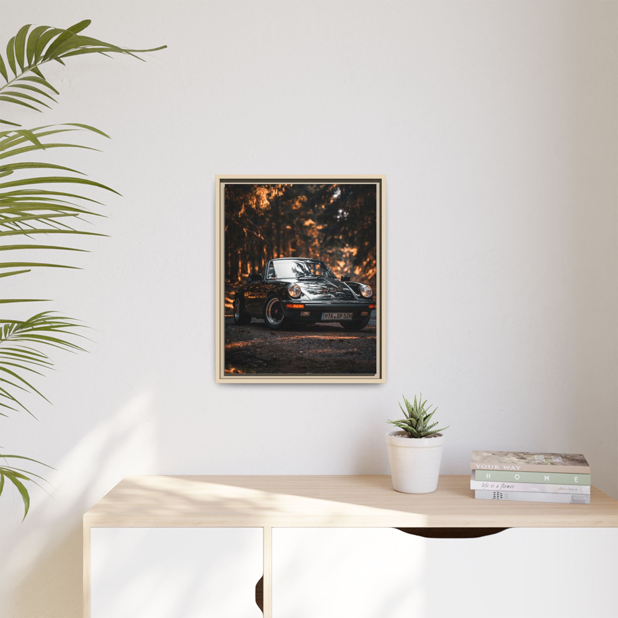 Framed Matte Canvas Print — Vintage Black Porsche in Autumn Forest