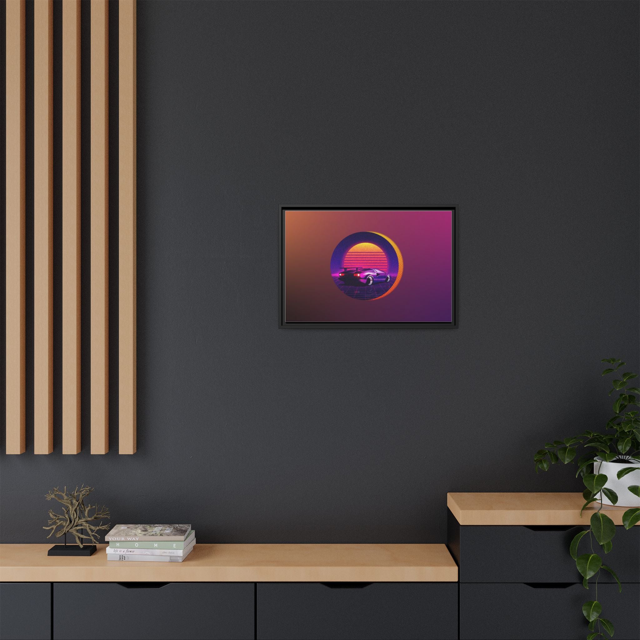 Retro Sunset Sports Car Matte Canvas Framed Wall Art
