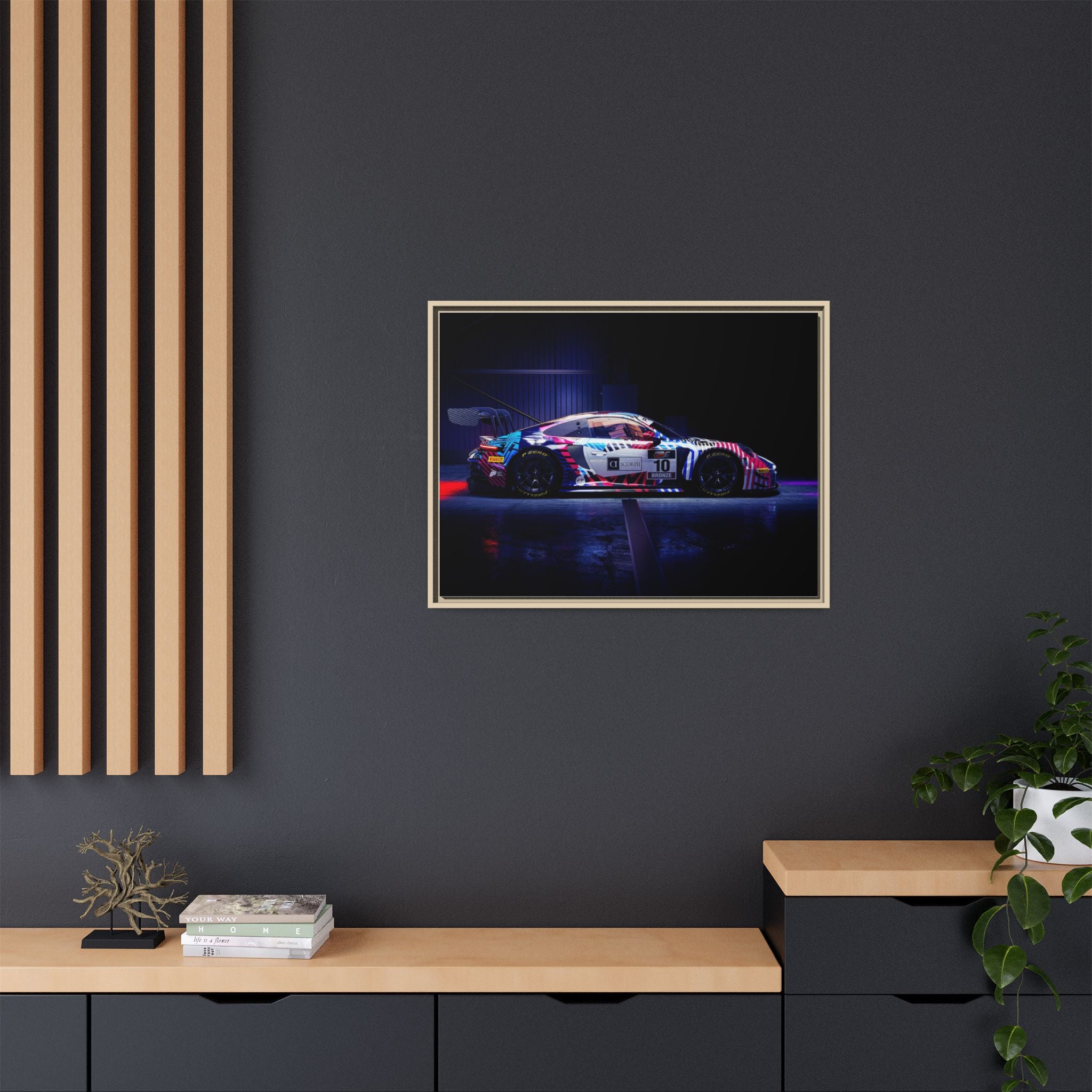 Framed Matte Canvas Print — Neon Racecar Wall Art