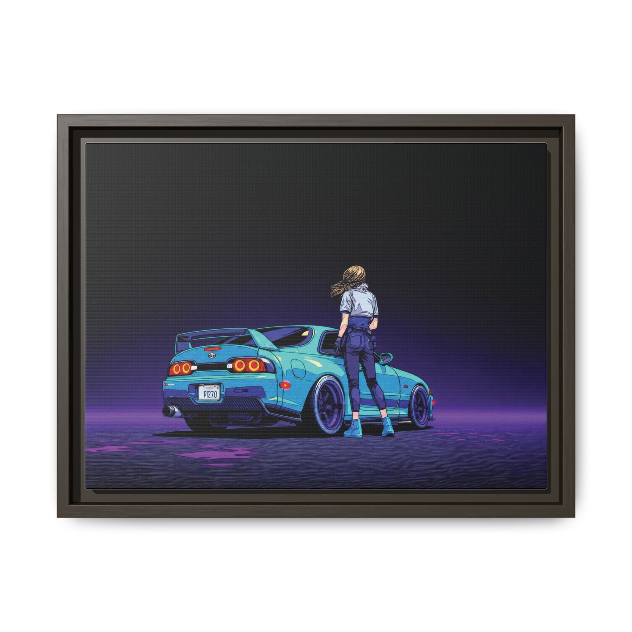 Retro Neon Race Car Poster Matte Canvas Framed | Anime Driver Wall Art
