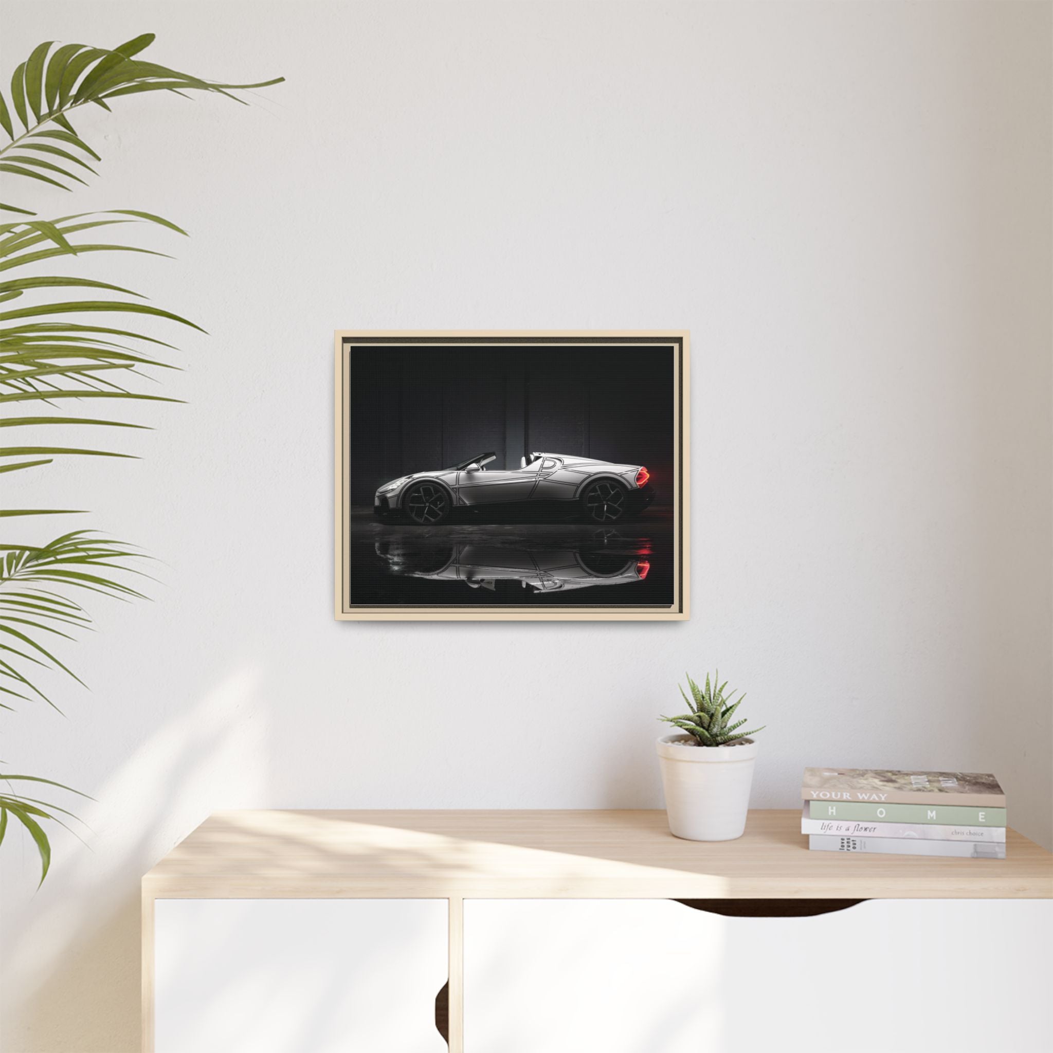 Framed Matte Canvas: Sleek Sports Car Reflection Wall Art