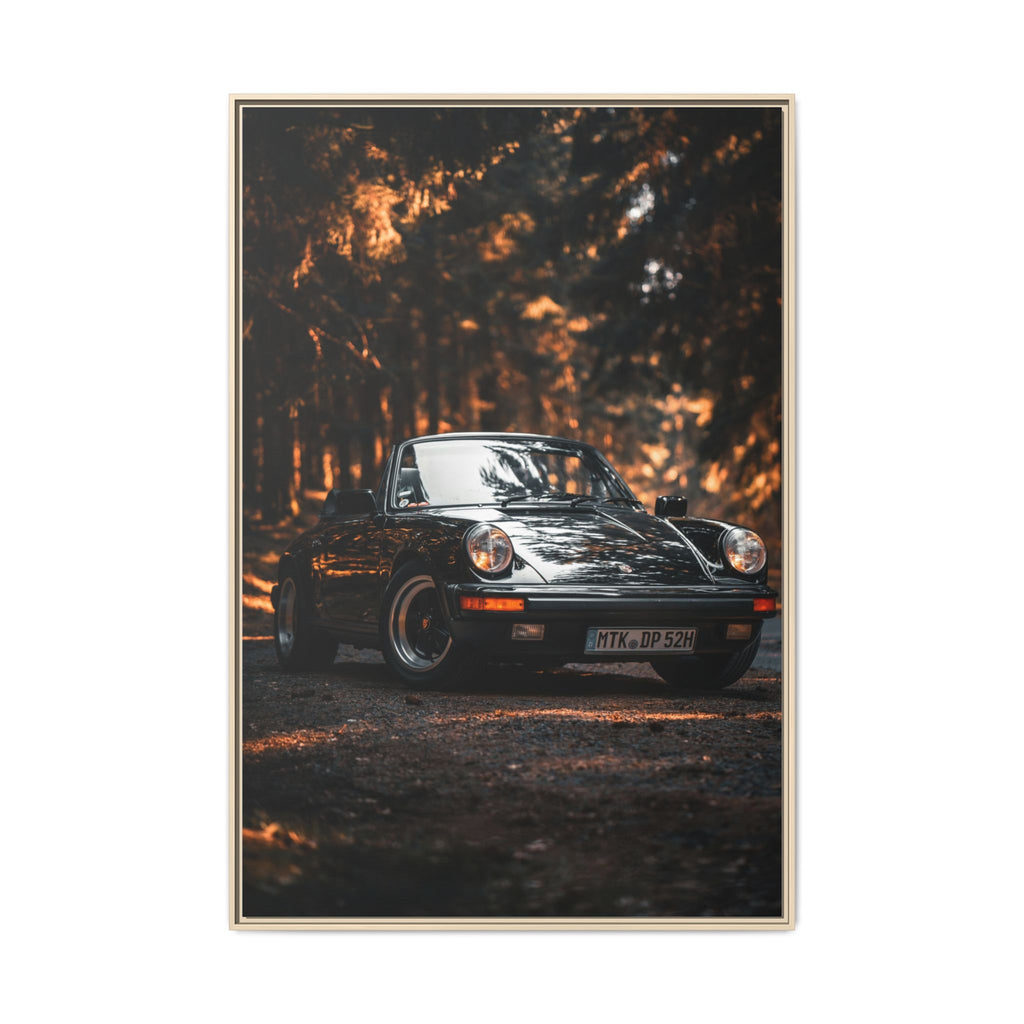 Framed Matte Canvas Print — Vintage Black Porsche in Autumn Forest