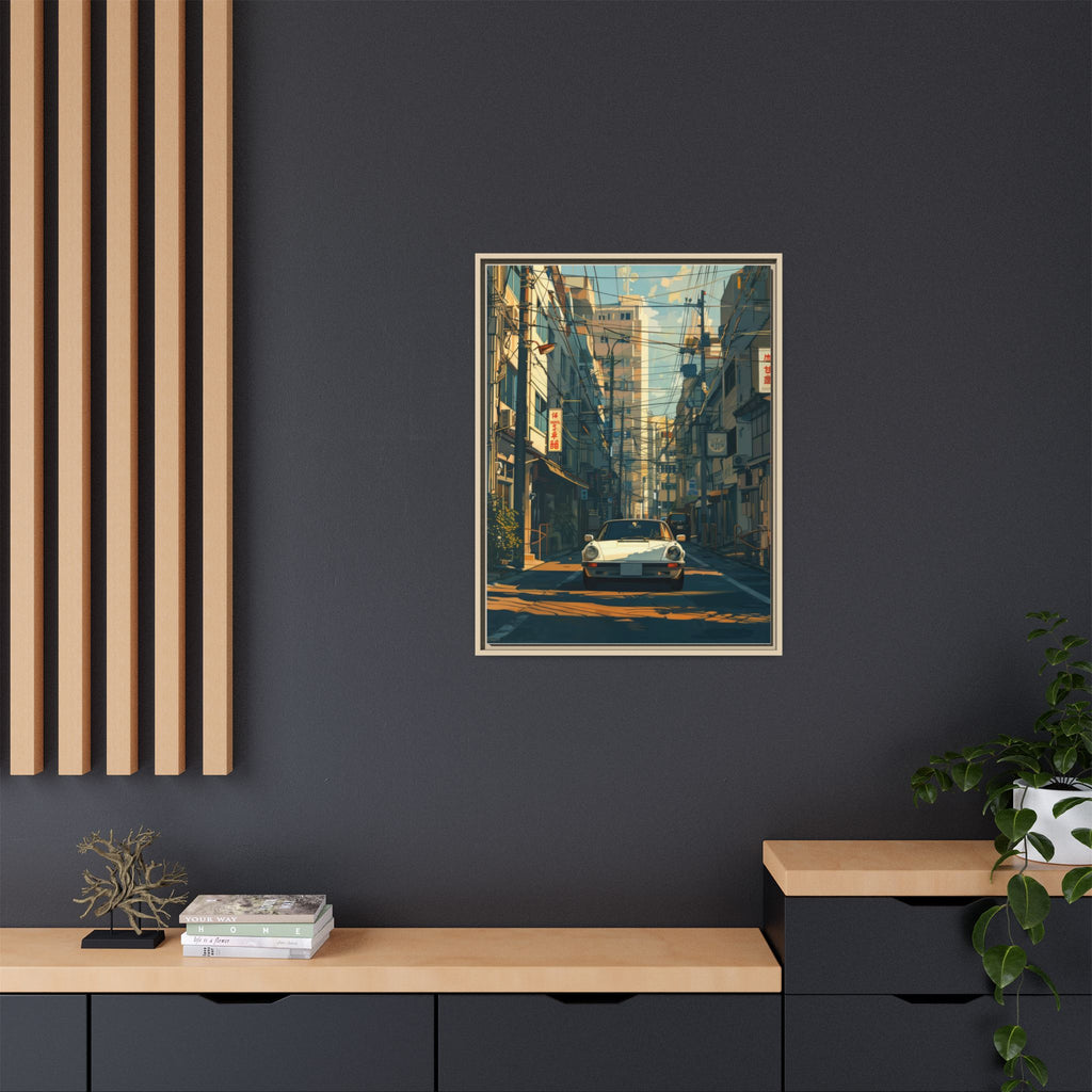 Vintage Sports Car Cityscape Framed Canvas Print