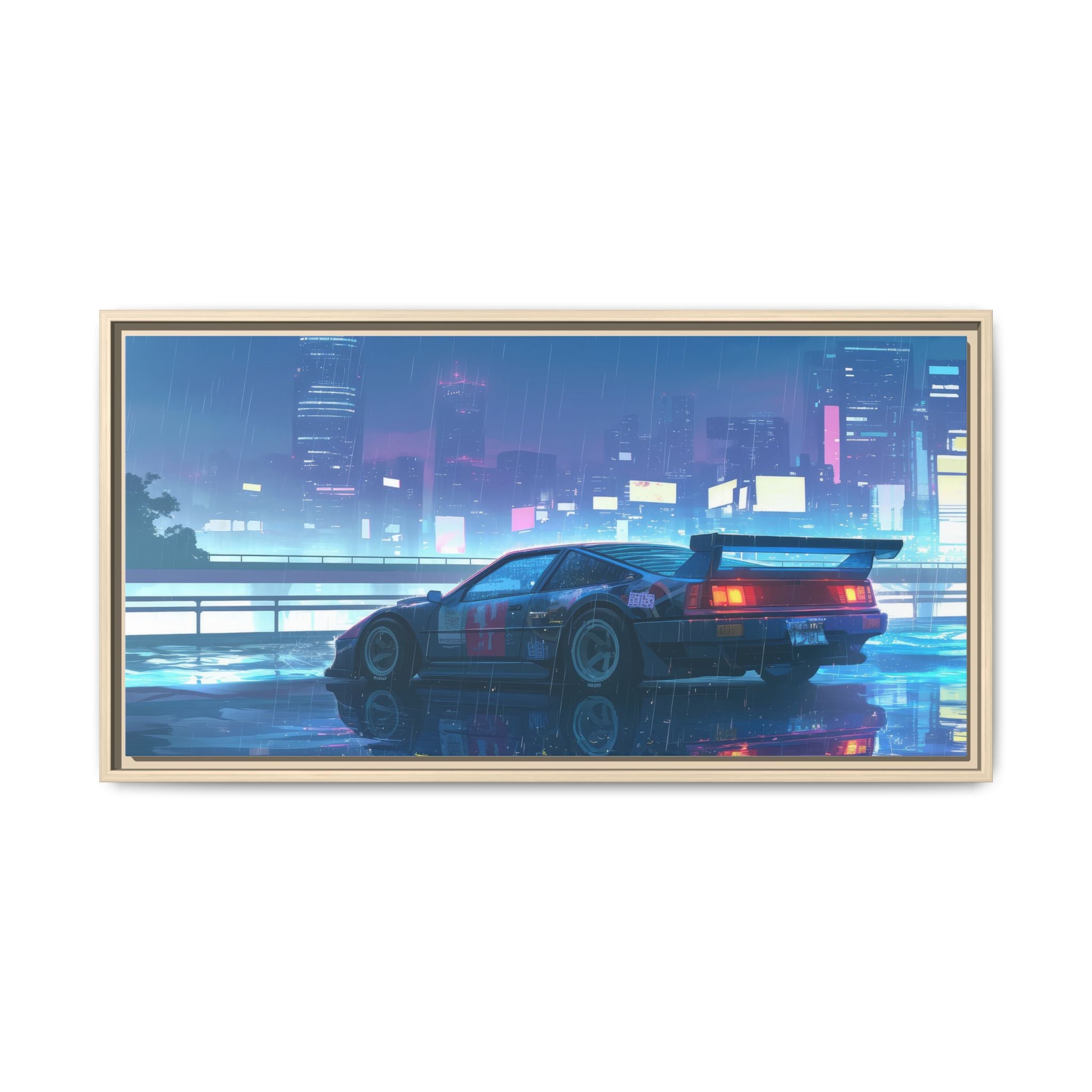 Retro Neon City Car Matte Canvas Print — Framed Wall Art