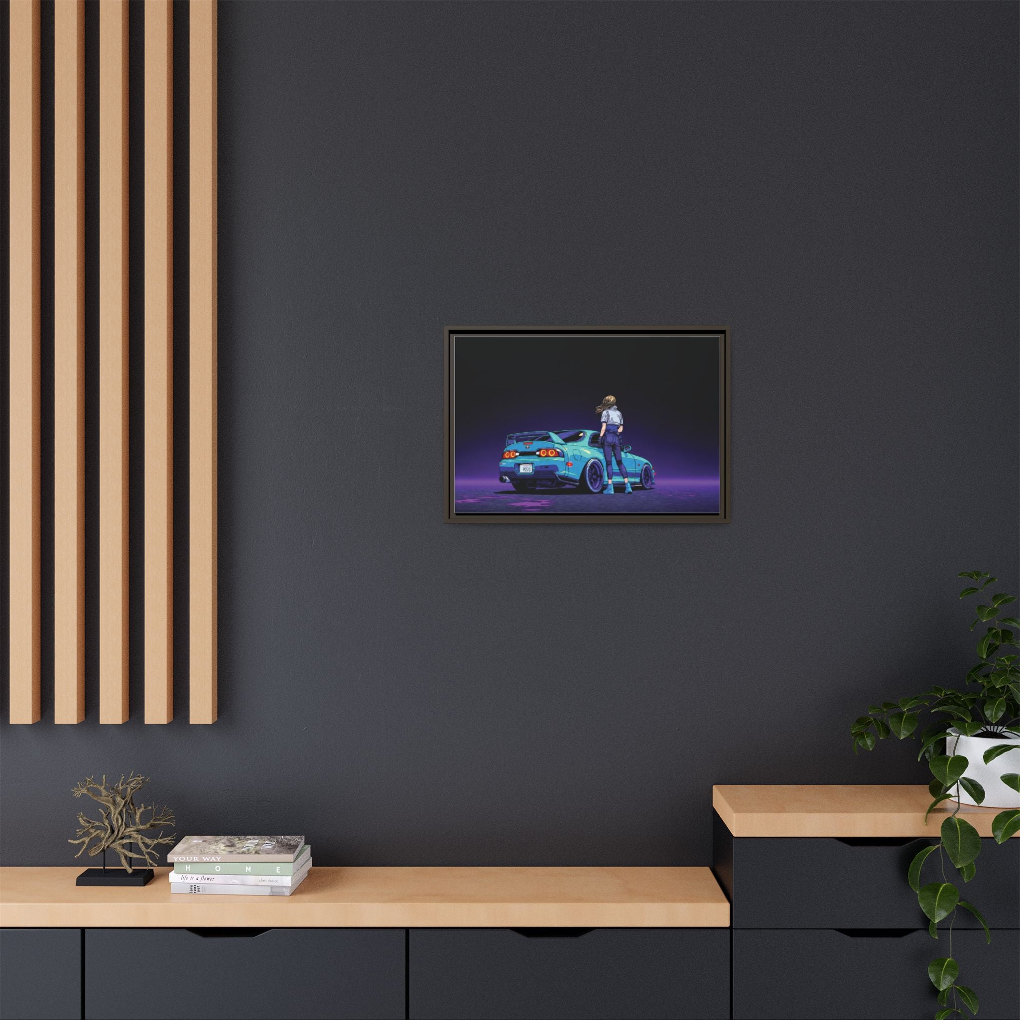 Retro Neon Race Car Poster Matte Canvas Framed | Anime Driver Wall Art