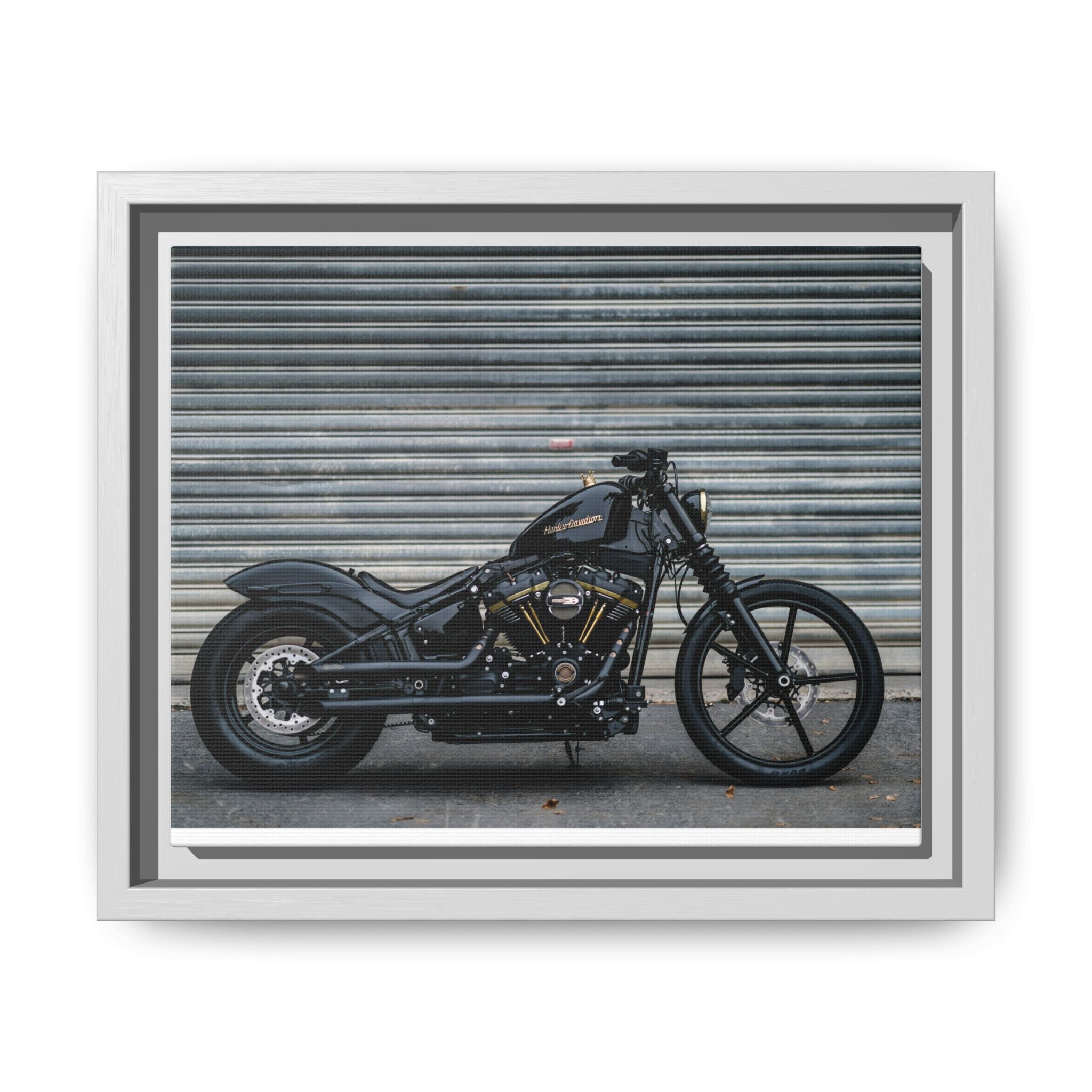 Framed Matte Canvas Motorcycle Print — Black Bobber Wall Art