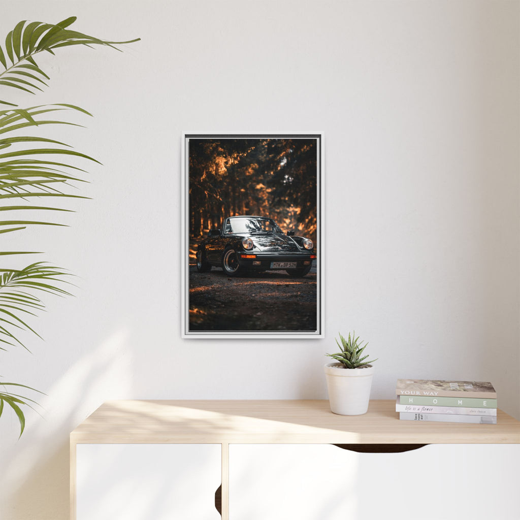 Framed Matte Canvas Print — Vintage Black Porsche in Autumn Forest