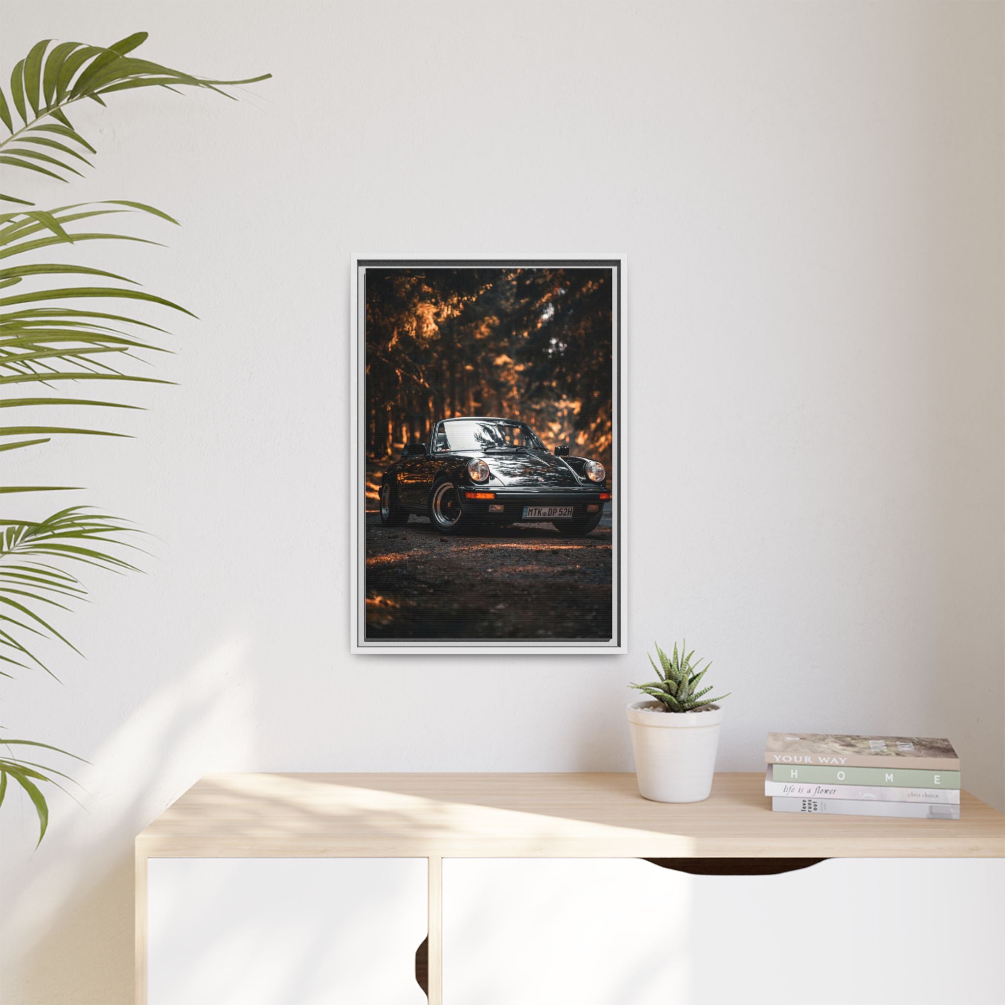 Framed Matte Canvas Print — Vintage Black Porsche in Autumn Forest