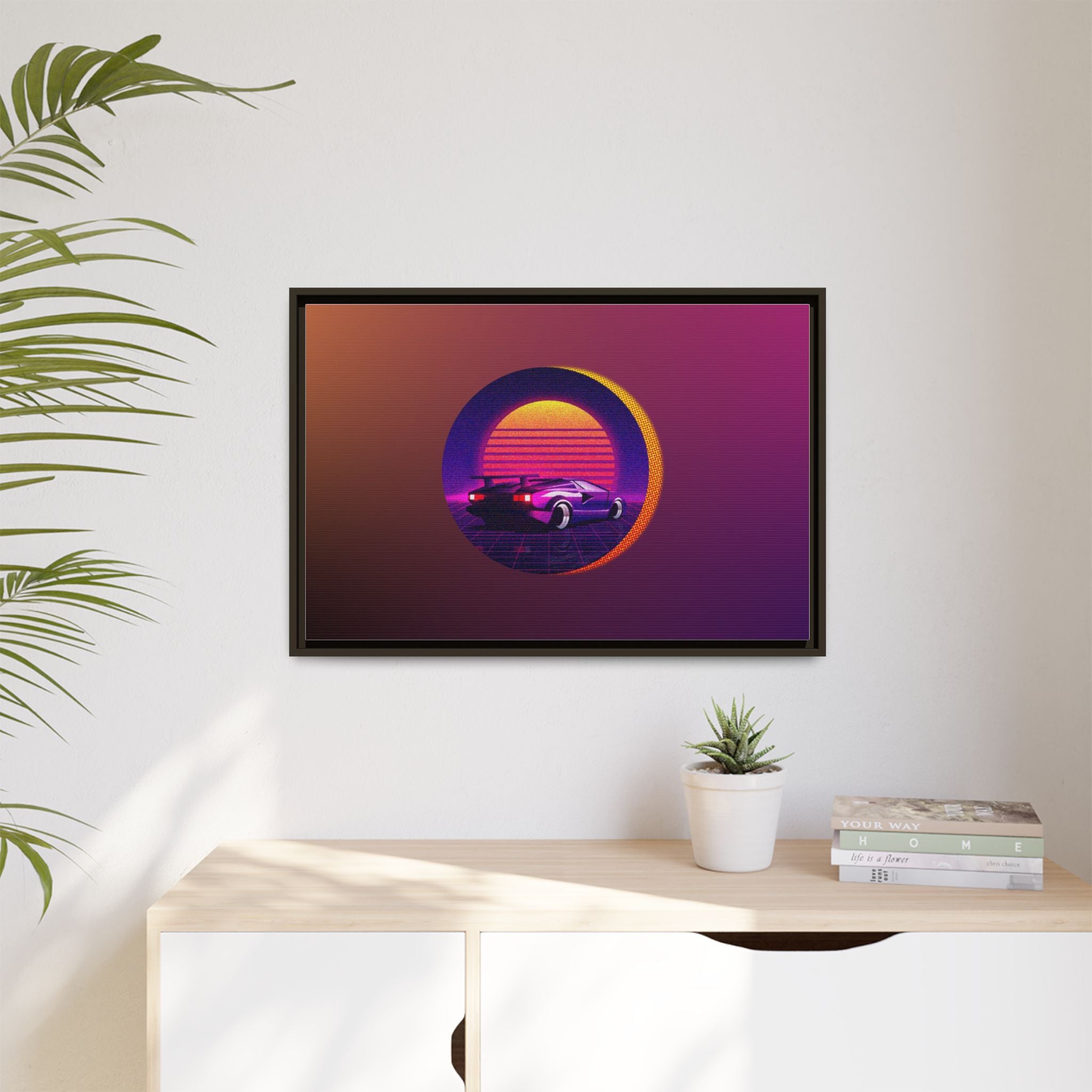 Retro Sunset Sports Car Matte Canvas Framed Wall Art