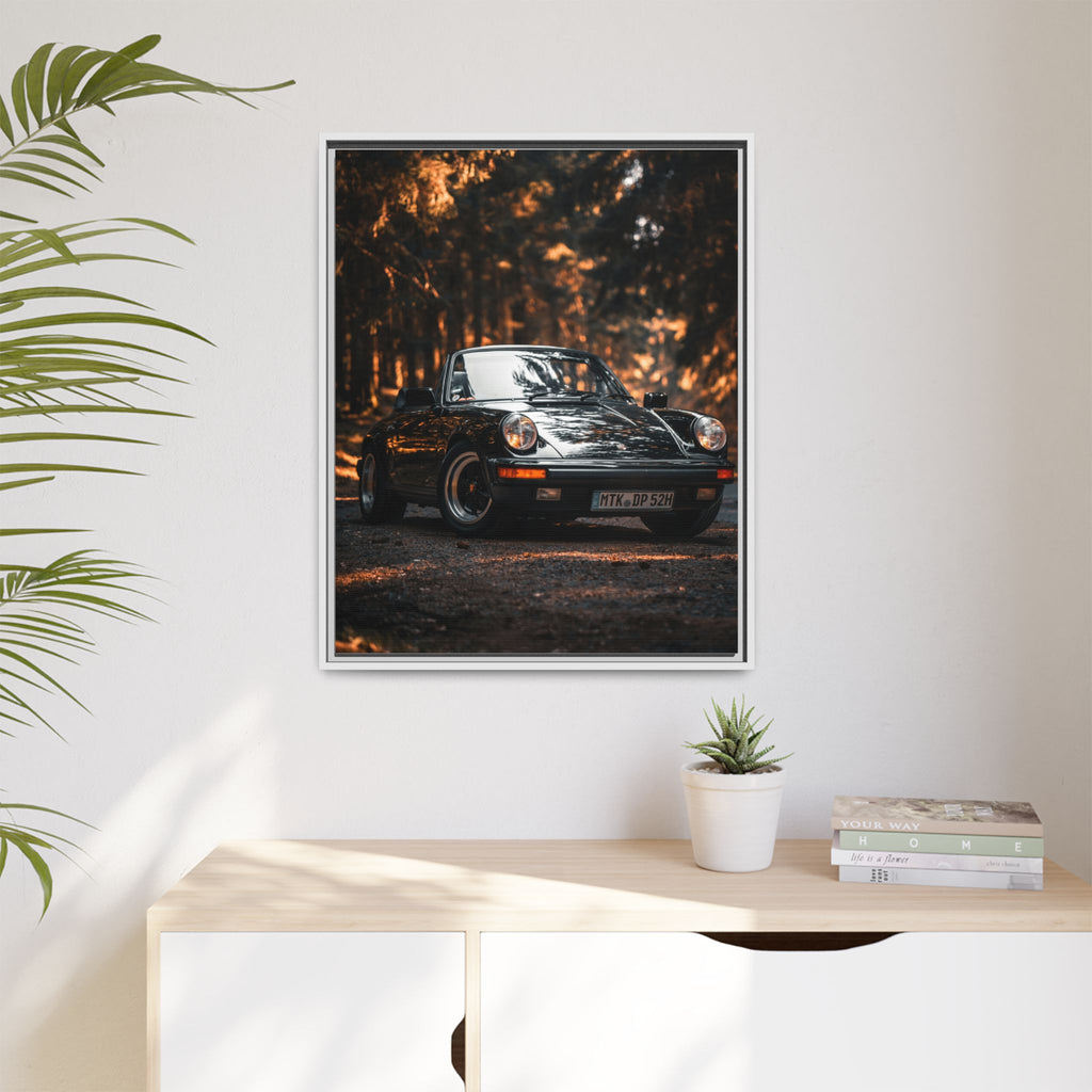 Framed Matte Canvas Print — Vintage Black Porsche in Autumn Forest