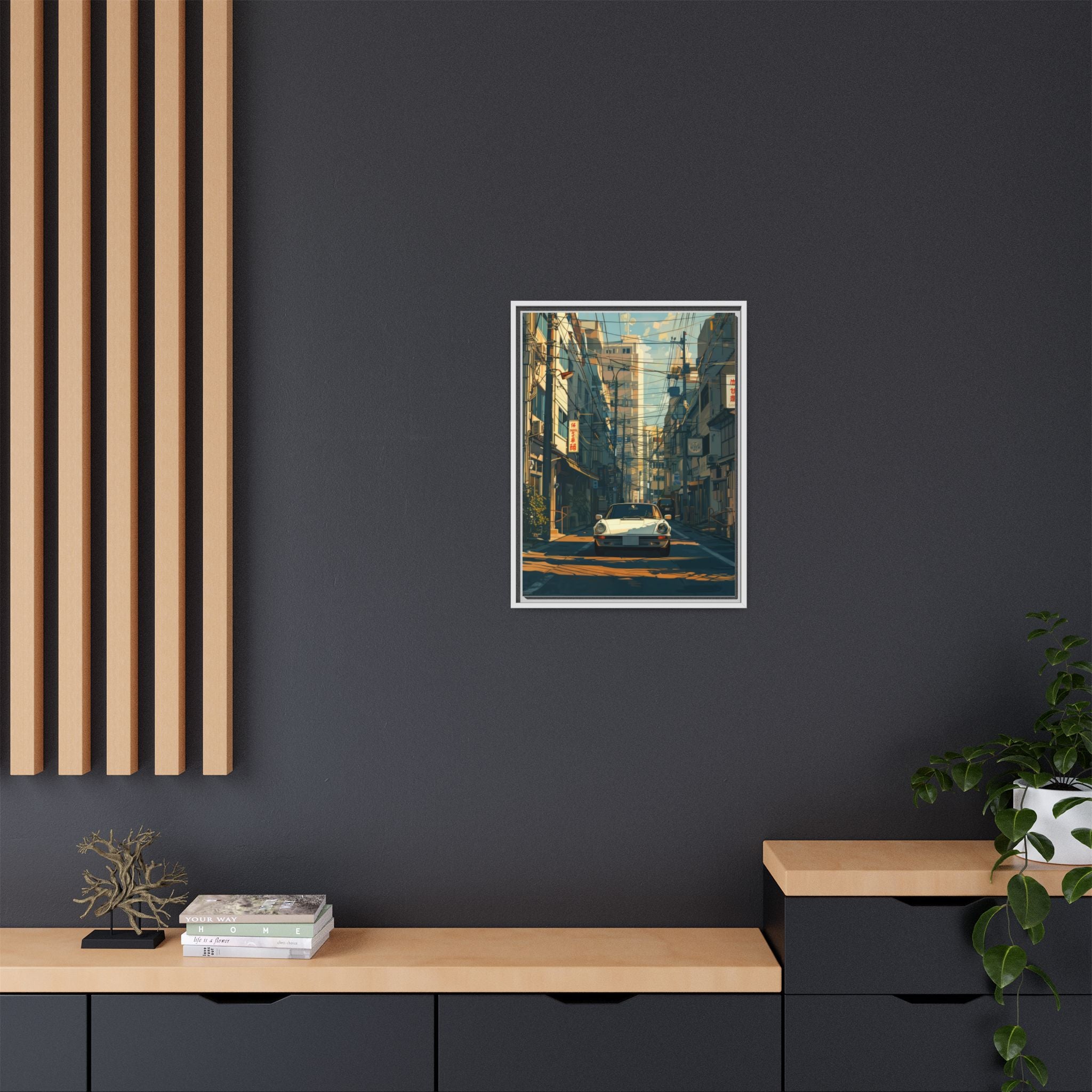 Vintage Sports Car Cityscape Framed Canvas Print