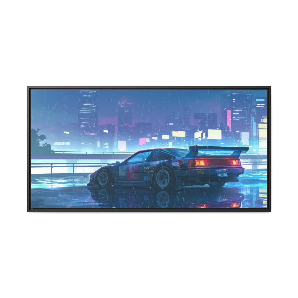 Retro Neon City Car Matte Canvas Print — Framed Wall Art
